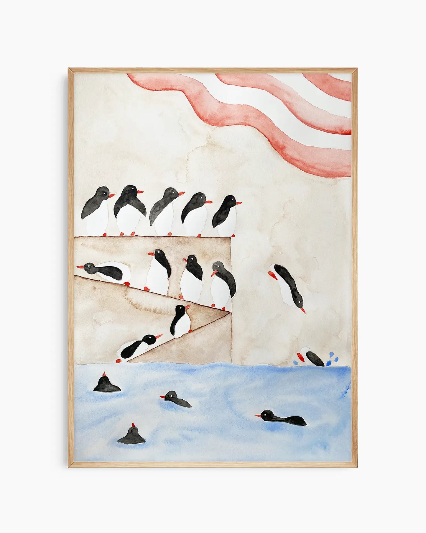 Illustration of penguins diving into the water inside of an oak frame.