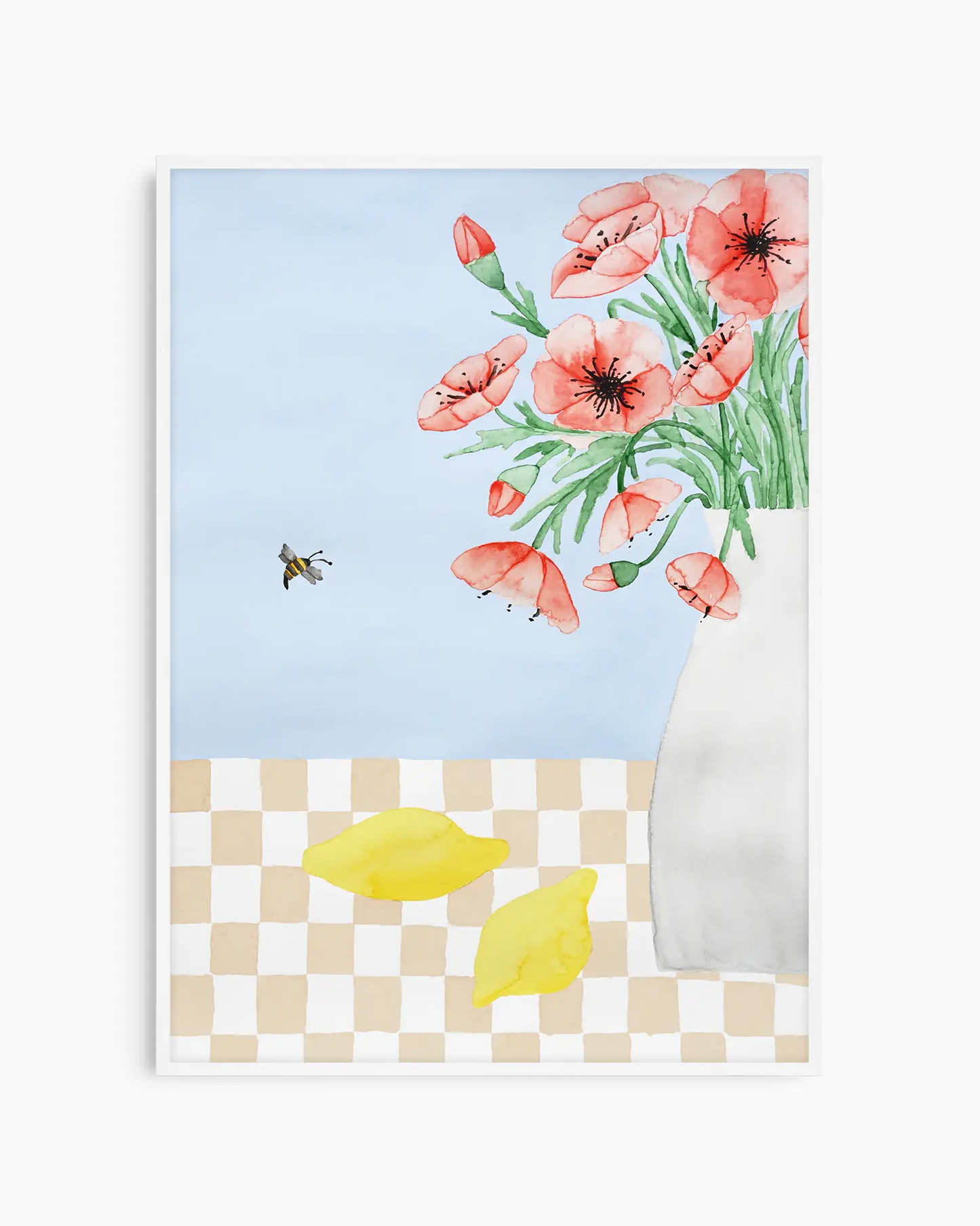 Nursery poster of red poppies in a white vase, a bee and two yellow lemons on a checkered table inside of a white frame.