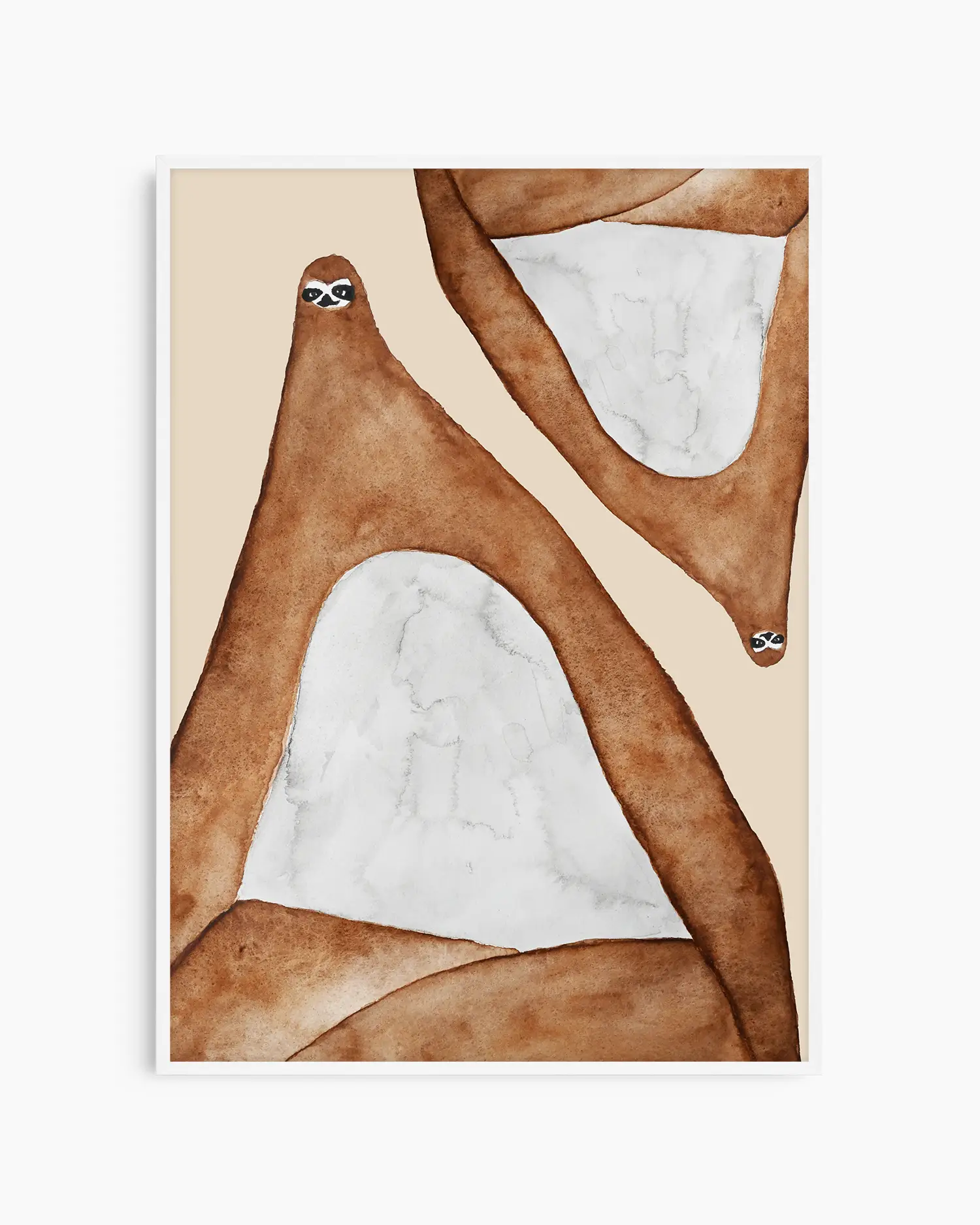 Nursery poster of two lazy sloths in brown on a beige background in a white frame.
