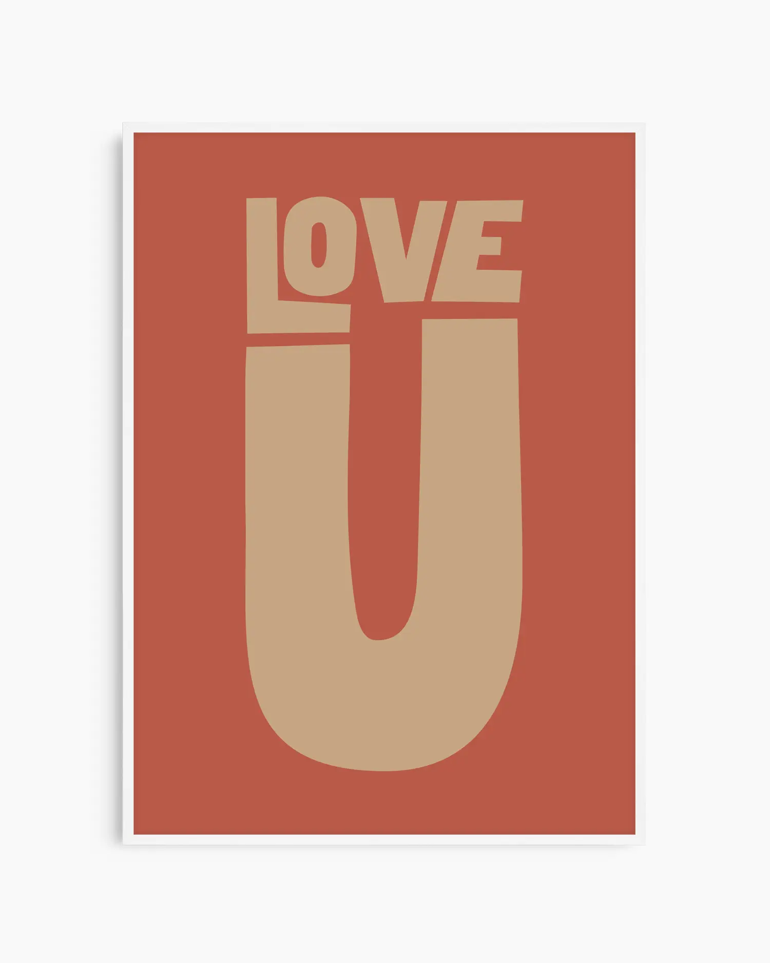 Red nursery poster with 'LOVE U' text framed in a white frame.