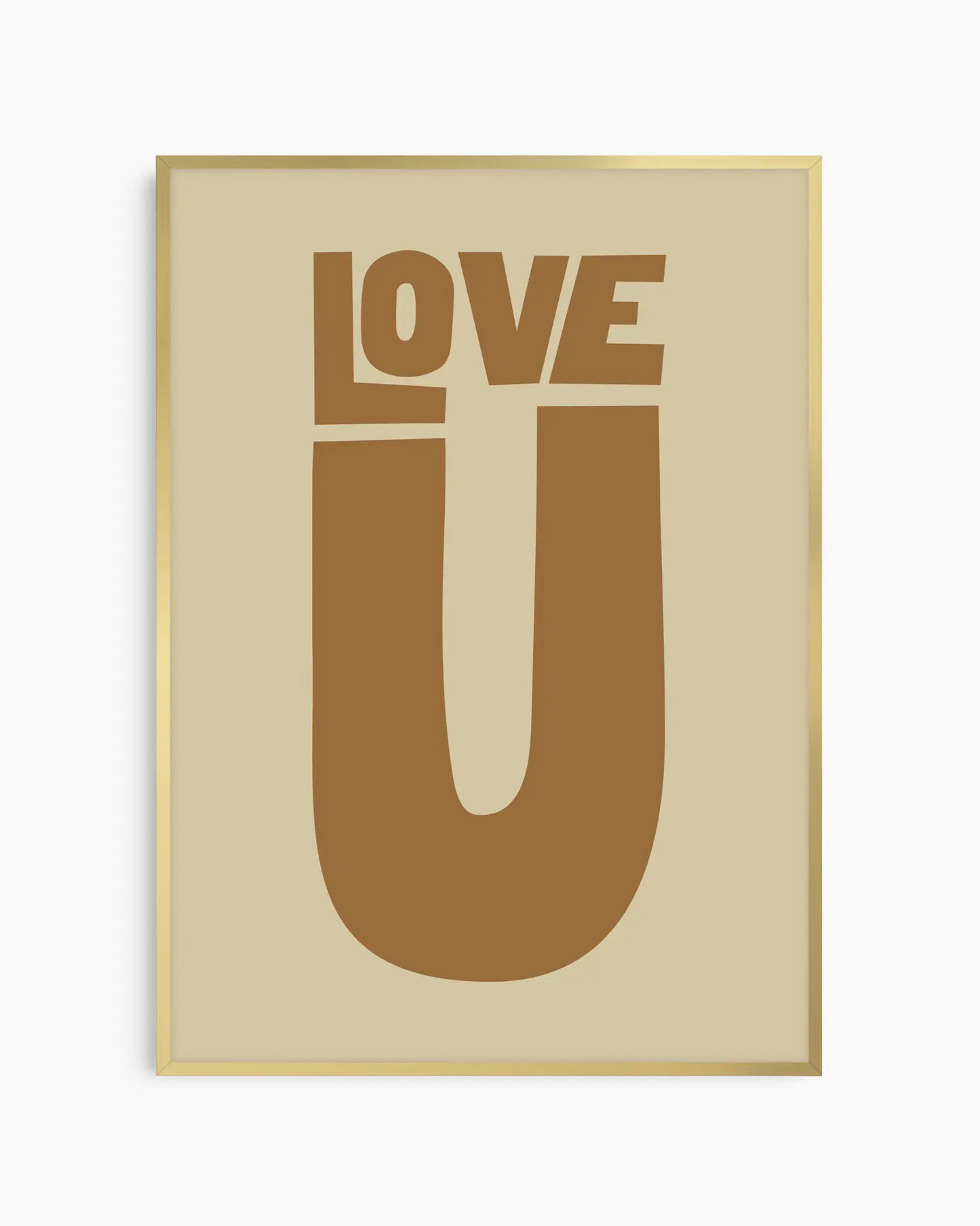 Beige nursery poster with 'LOVE U' text in brown on a beige background framed in a gold frame.