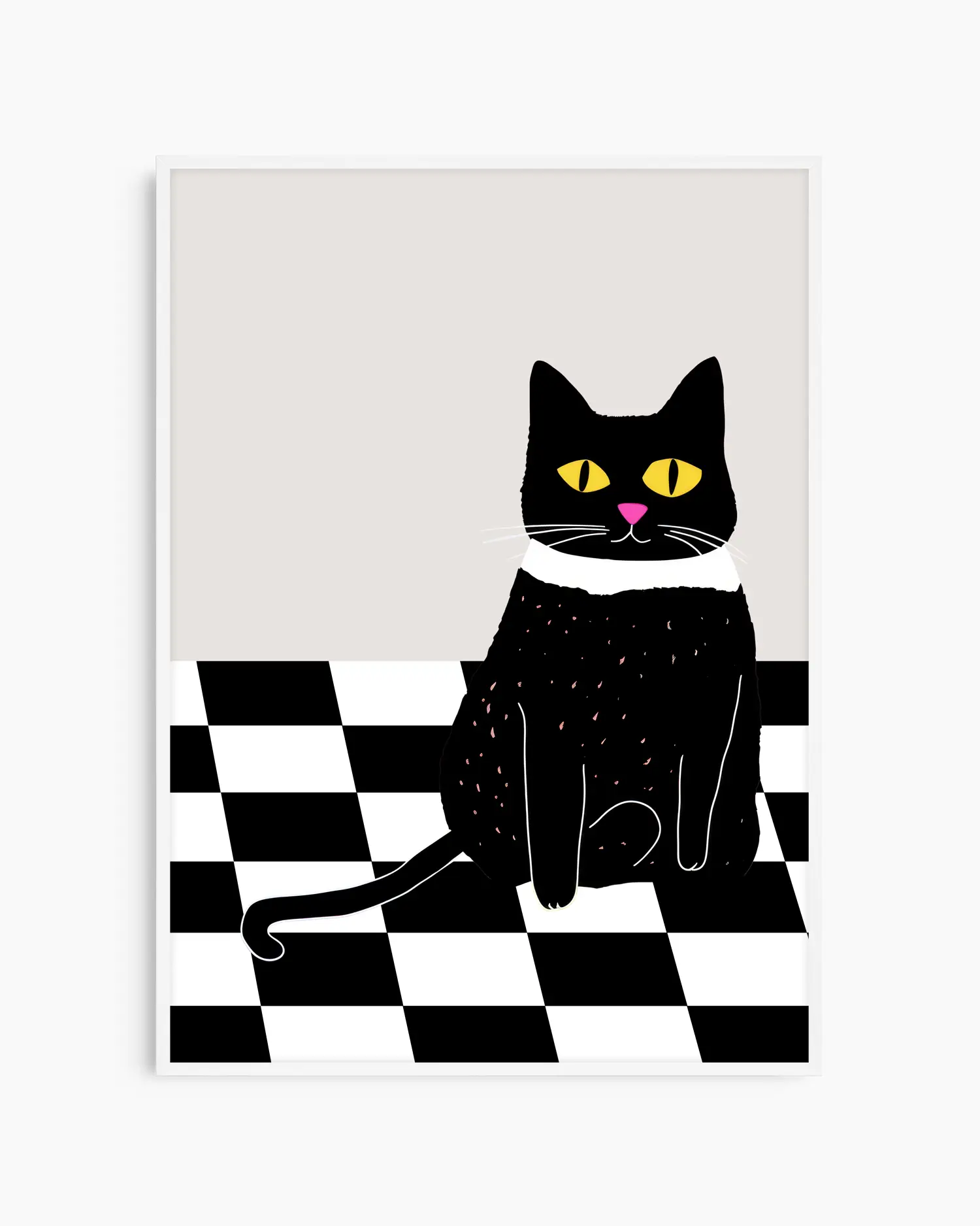 Framed nursery poster of a black cat with yellow eyes and a pink nose on a checkered floor.
