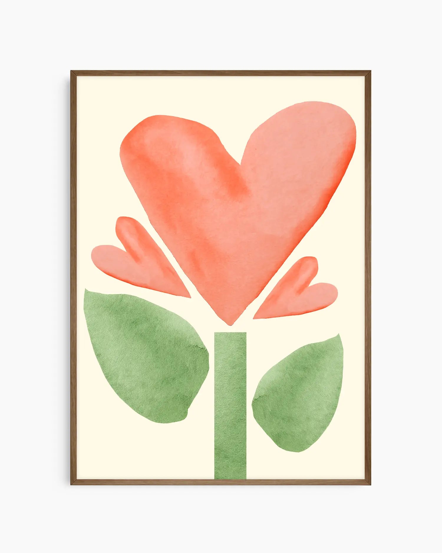 Framed nursery artwork with a heart-shaped flower with green stem and leaves on a light yellow background