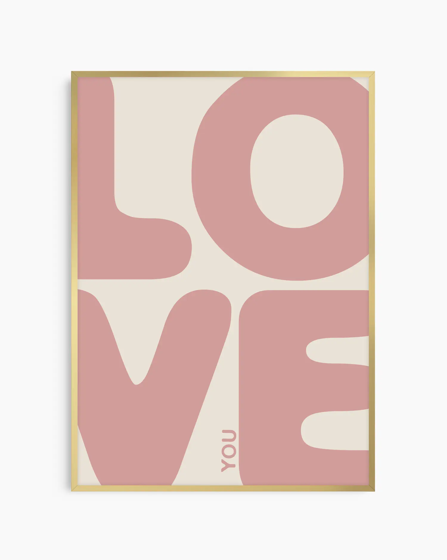 Nursery poster with 'LOVE YOU' written in pink letters on a beige background, in a gold frame