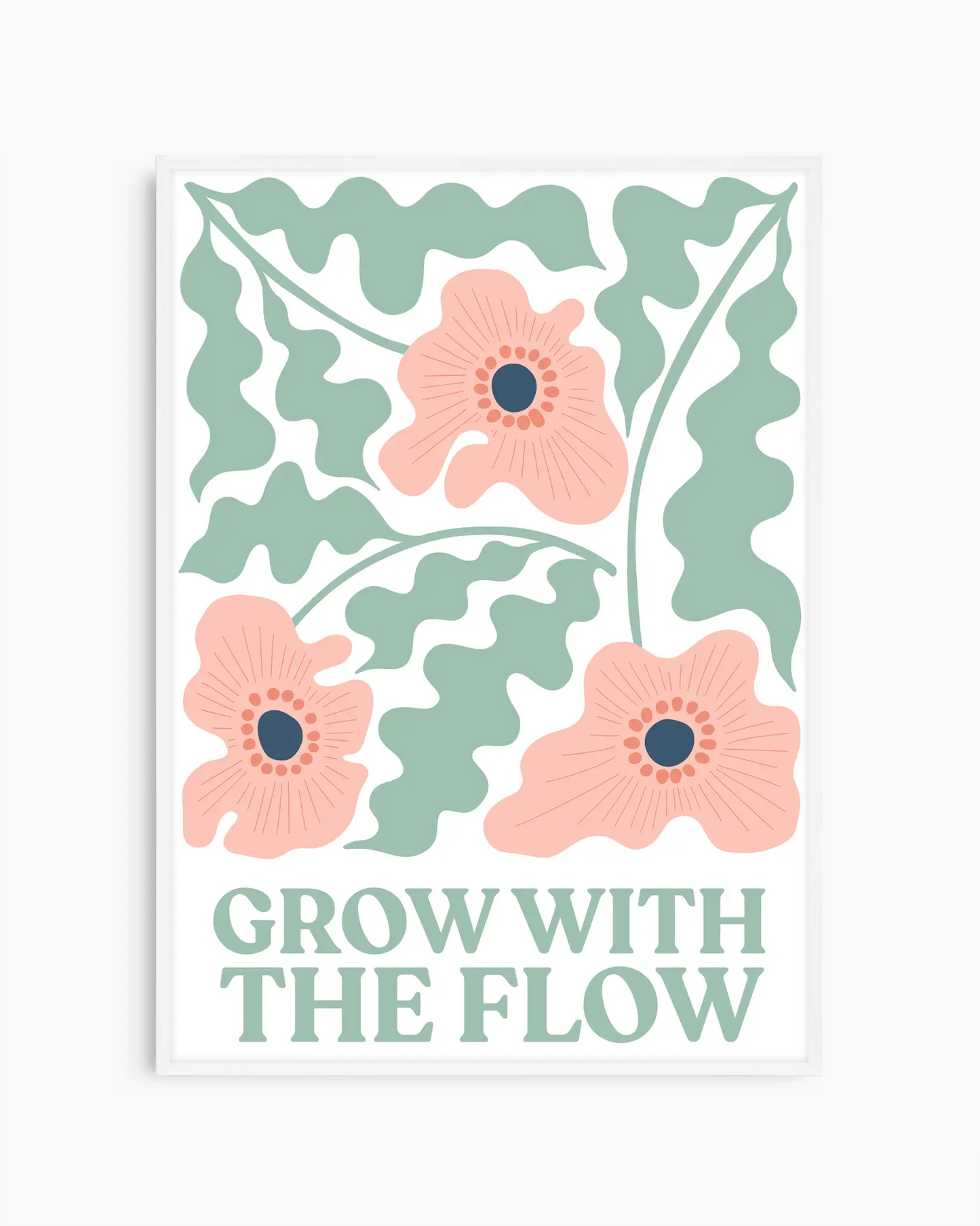 Nursery poster of flowers and the text 'Grow with the flow' written on it in green, framed in a white frame