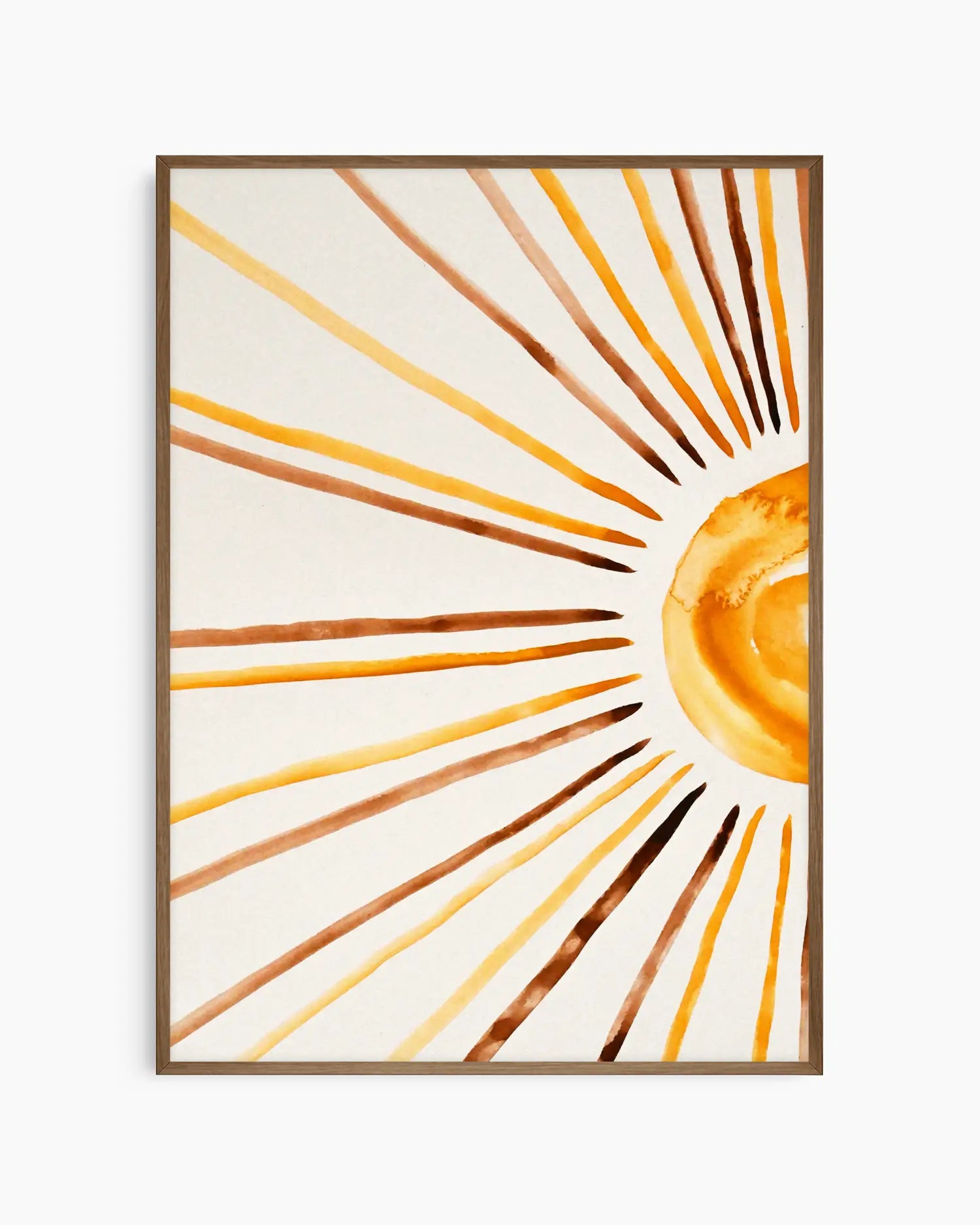 Nursery poster of sunrays in yellow, orange and brown on a white background with dark oak frame