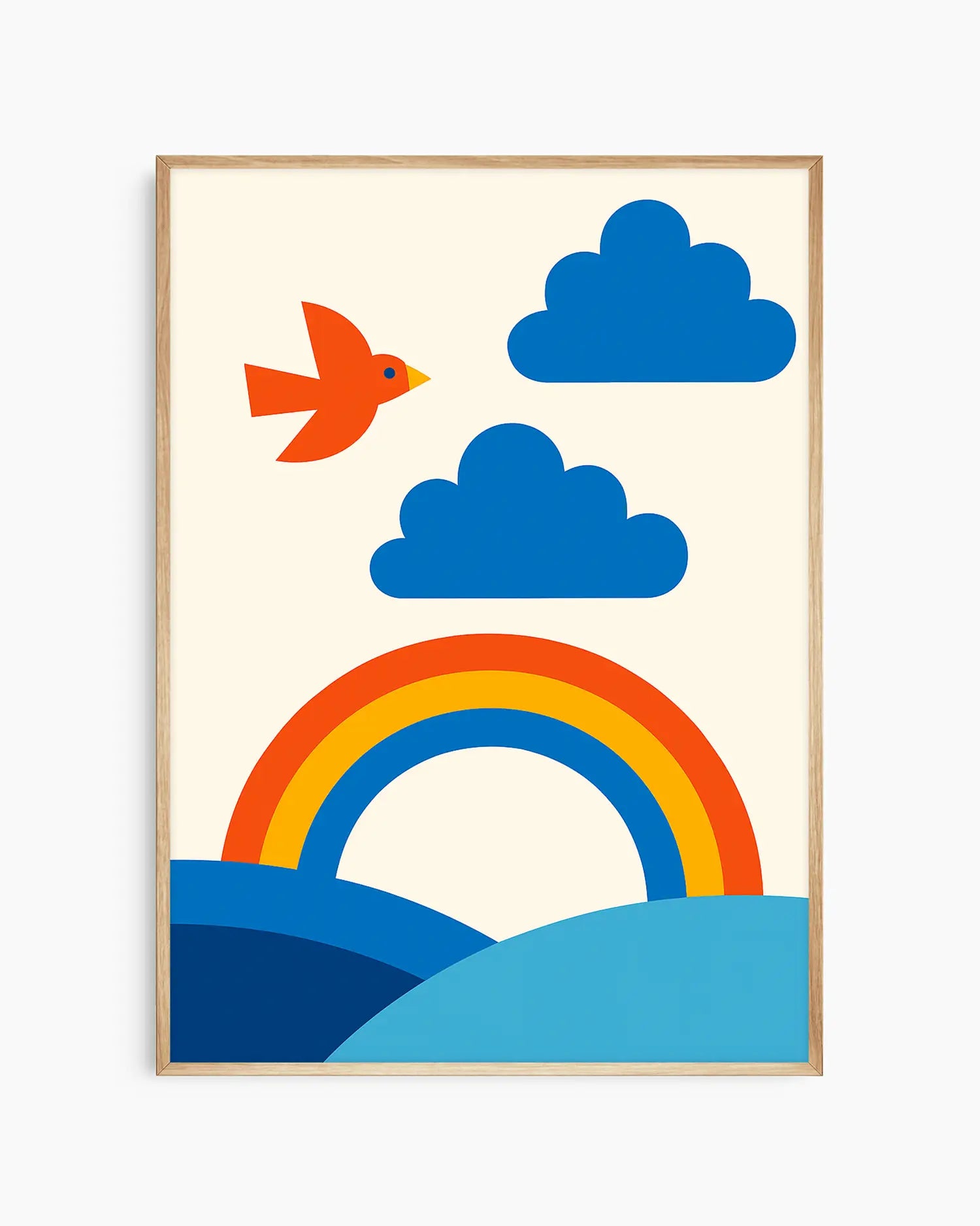 A fun and colorful nursery poster of a rainbow, clouds, and a bird on a beige background, framed in an oak frame.