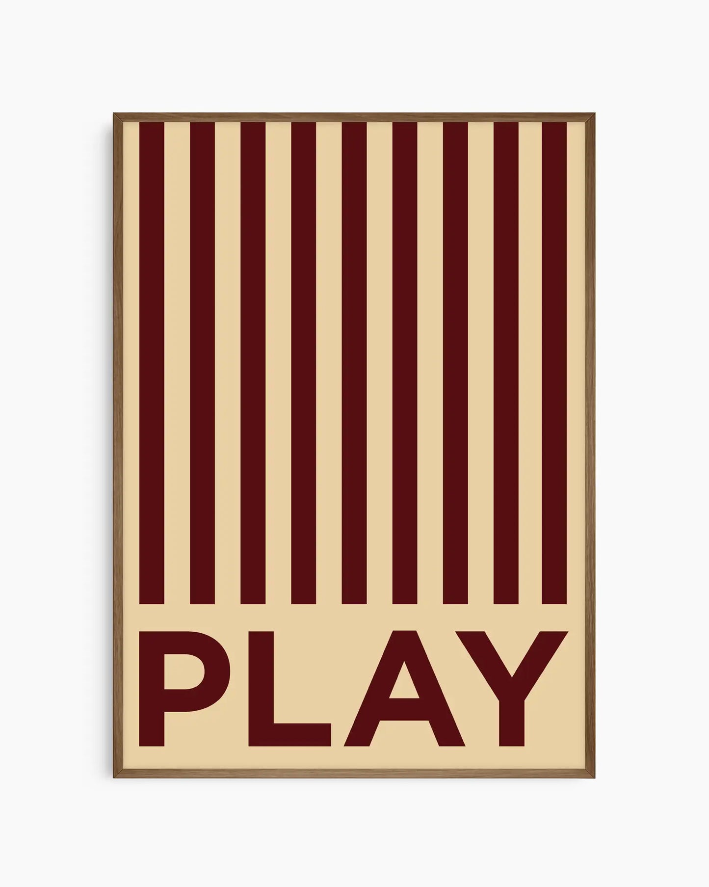 Beige nursery poster with brown stripes and the word 'PLAY' written on it framed in a dark oak frame