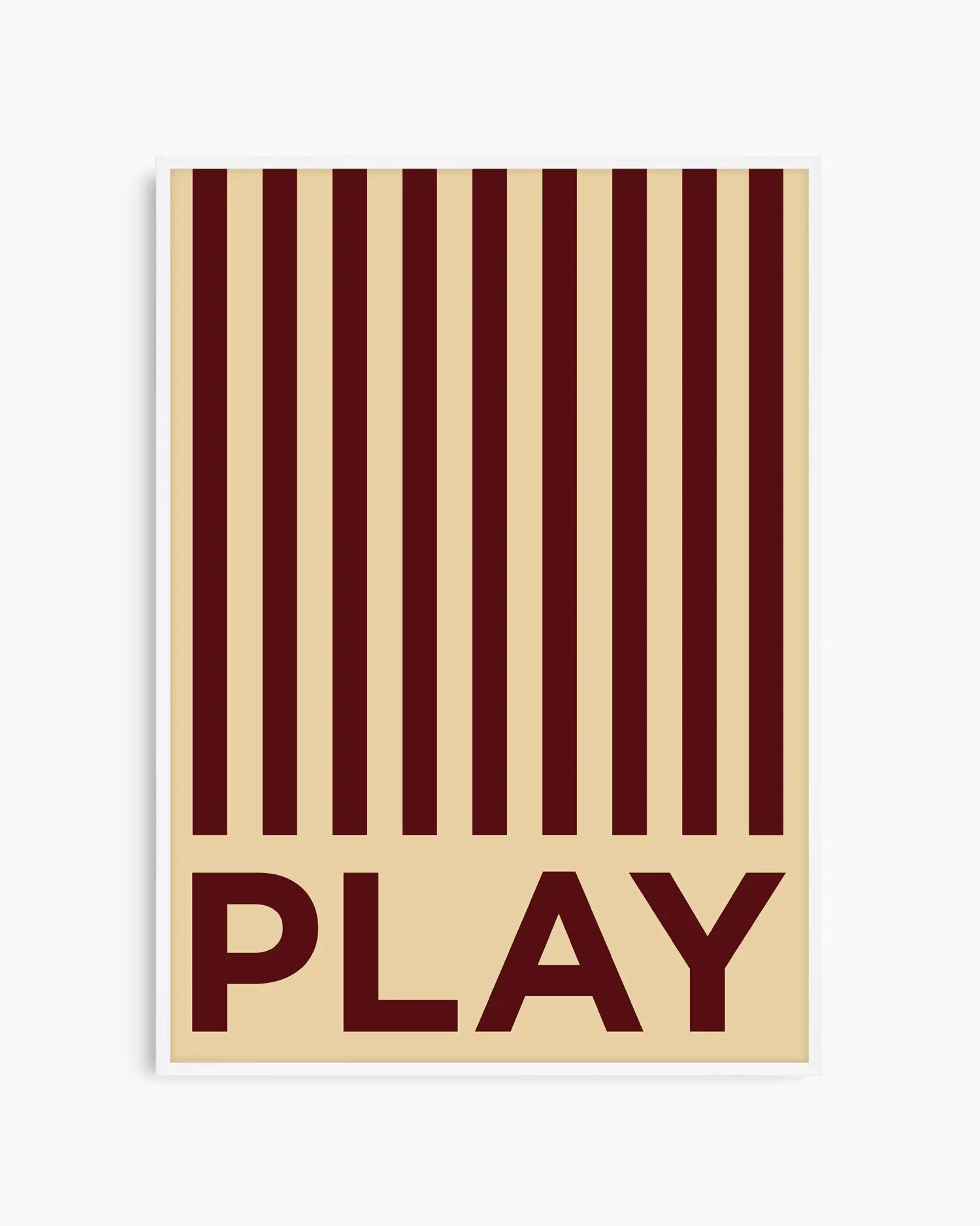 Beige nursery poster with brown stripes and the word 'PLAY' written on it framed in a white wooden frame