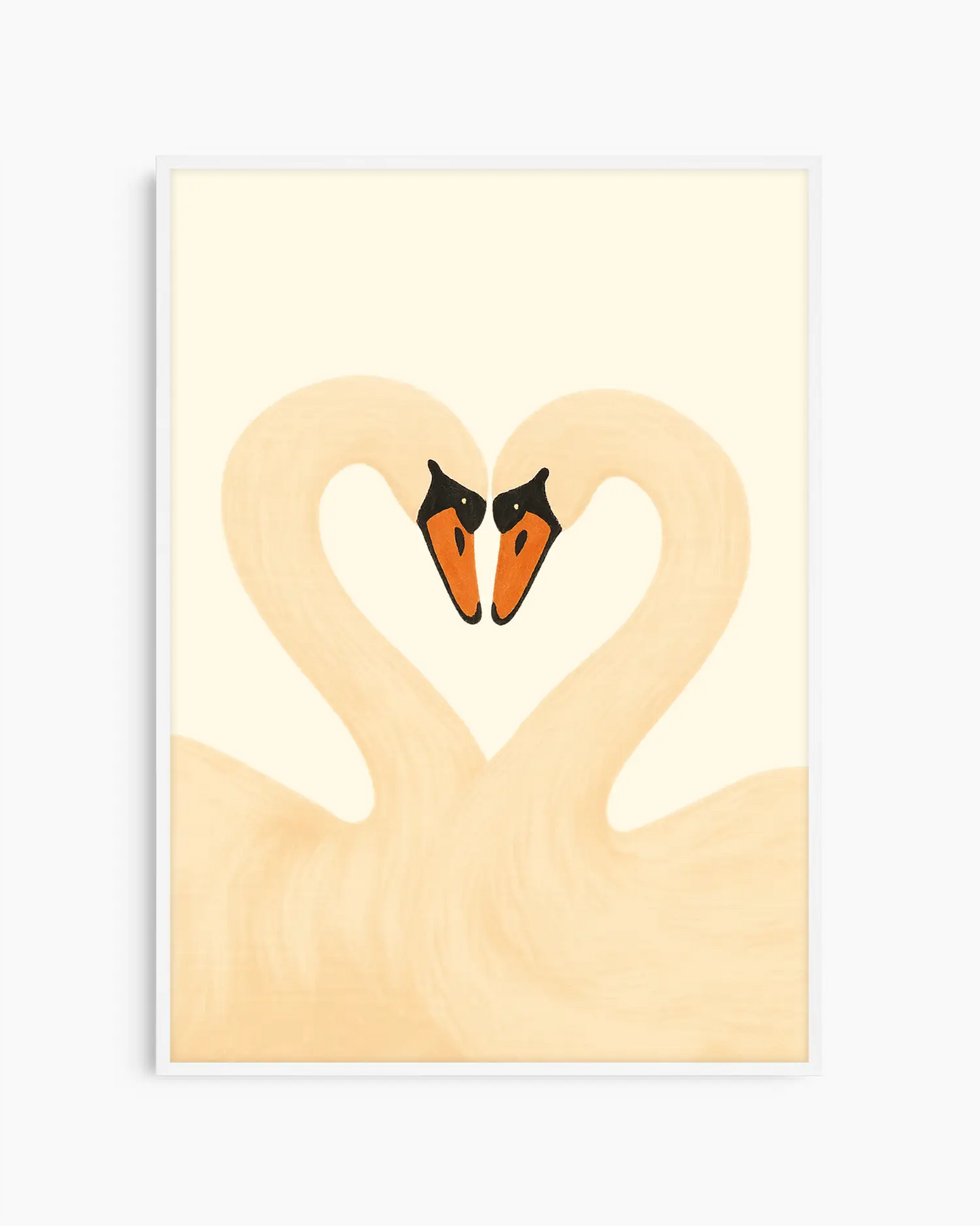 Framed artwork of two swans forming a heart on a light background