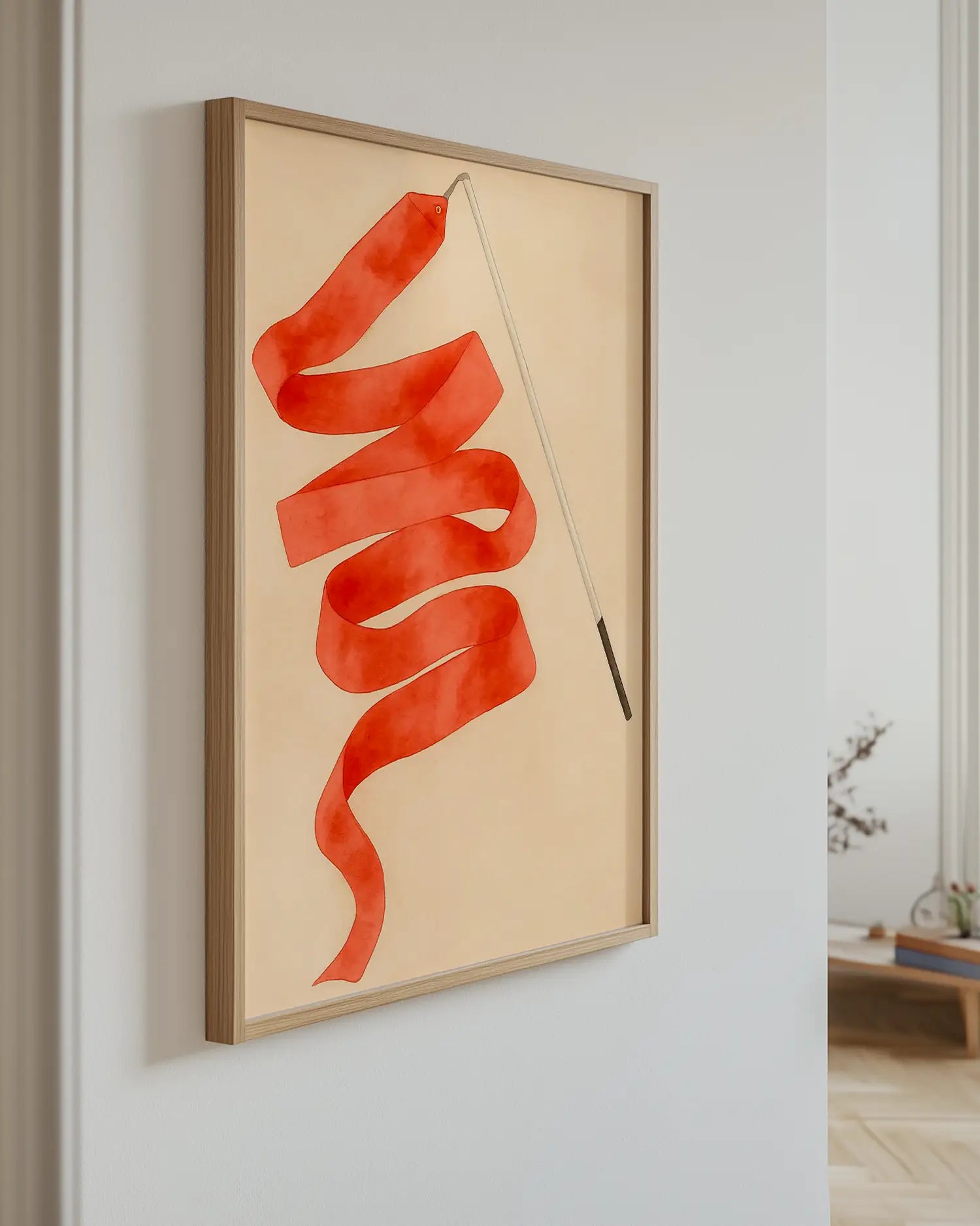 Interior design – Wallart poster with a red ribbon hanging on the wall 