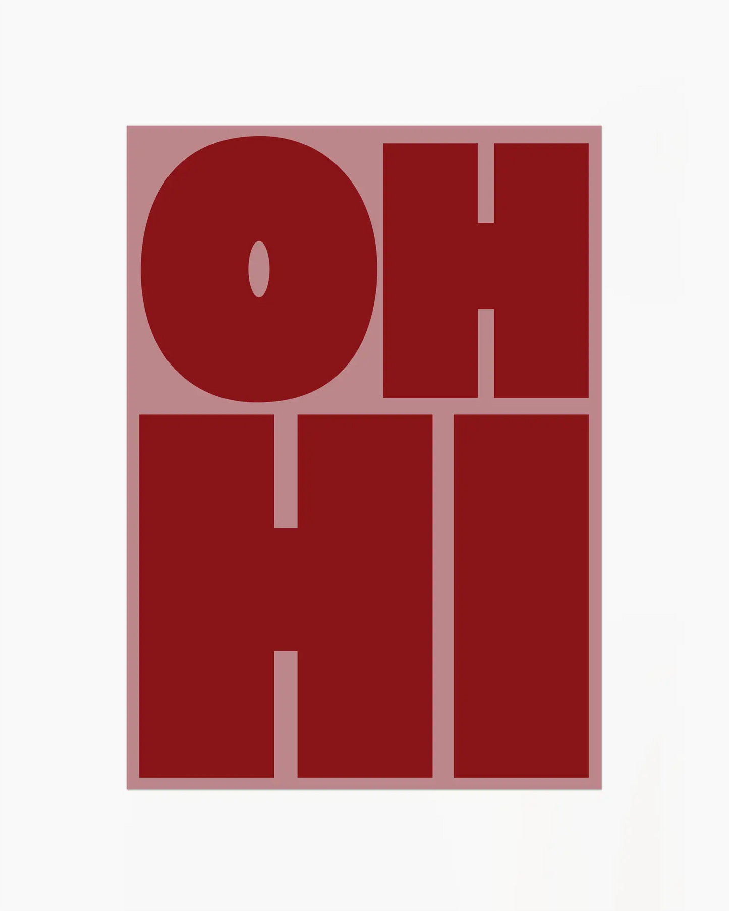 Nursery poster with red 'OH HI' text on a pink background.