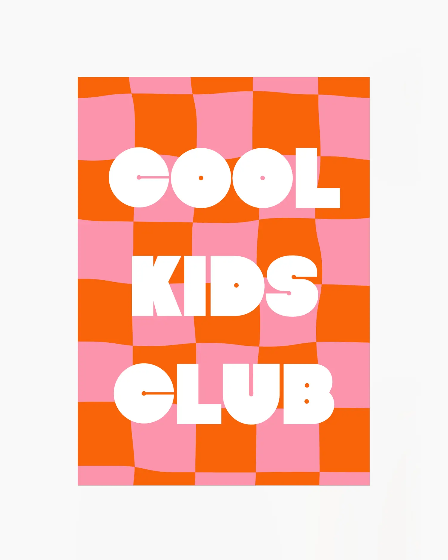 Nursery poster with 'Cool Kids Club' text on a pink and orange background.