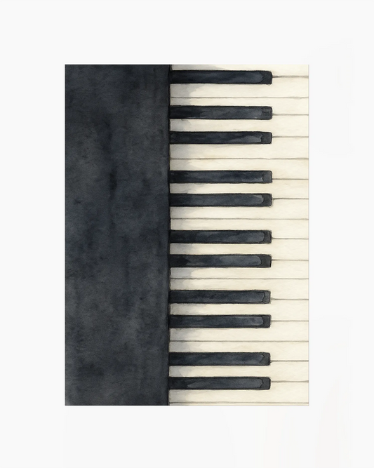 Art print featuring a close-up illustration of piano keys painted in watercolour style.