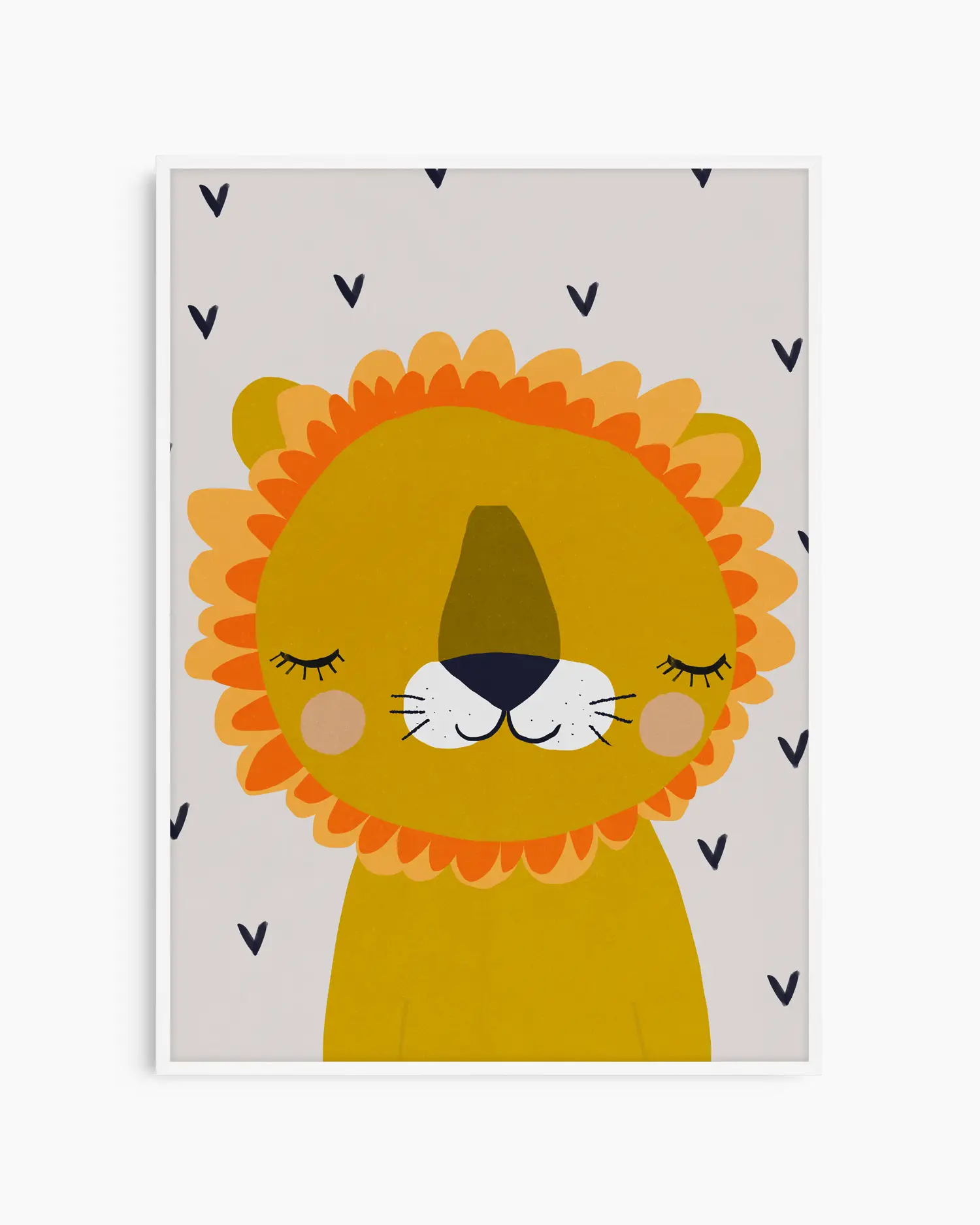 Framed artwork of a cartoon lion with a yellow body and orange mane on a white background with black heart patterns.