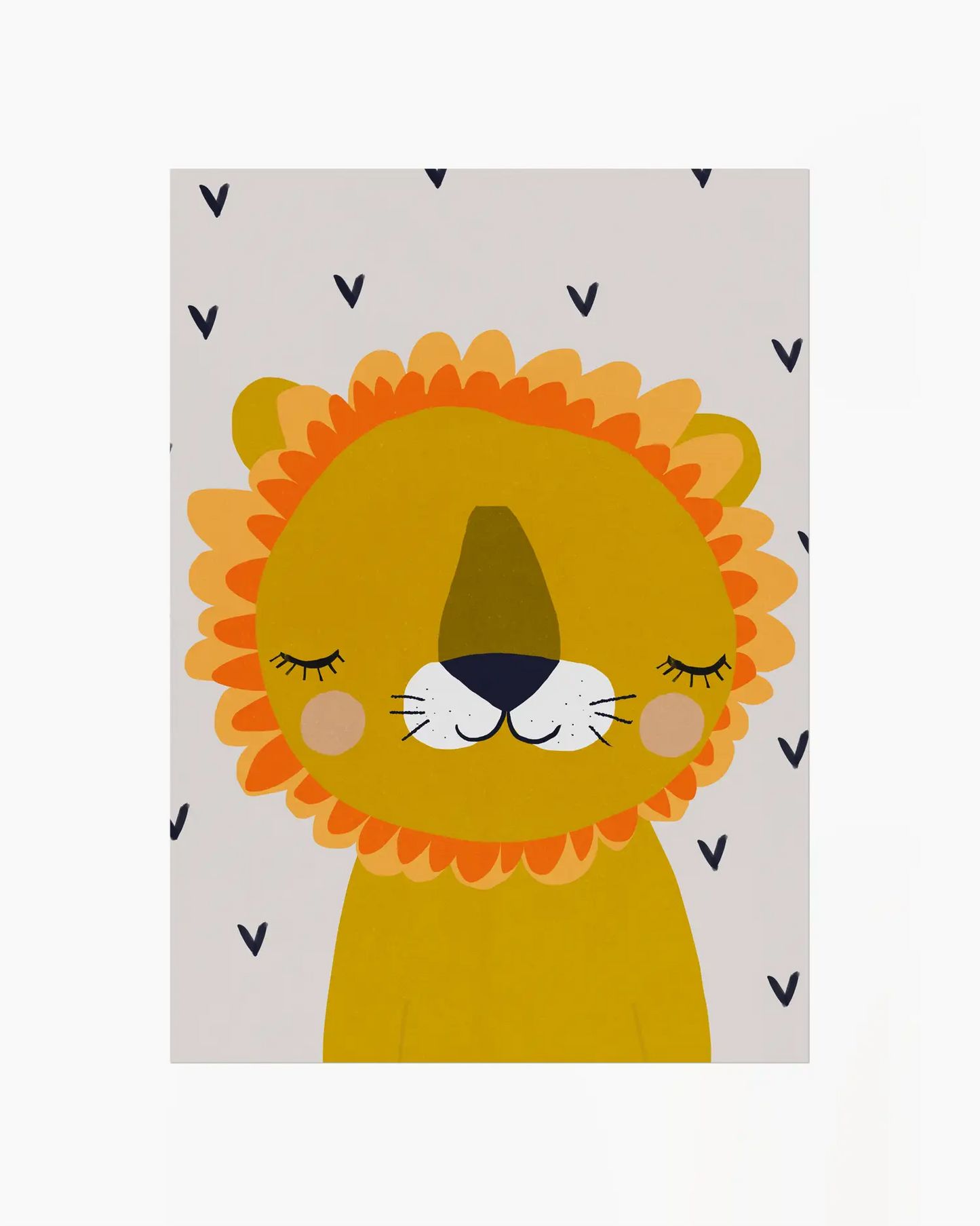 Cartoon lion with a yellow mane on a light gray background with small black hearts.