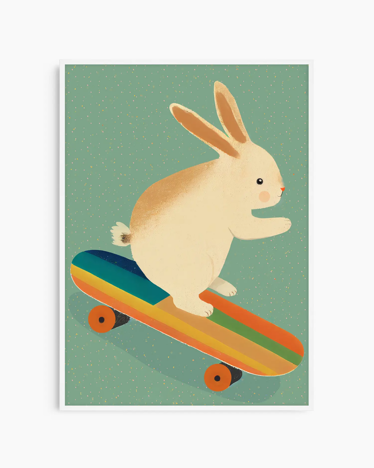 Framed artwork of a rabbit riding a rainbow skateboard on a green background