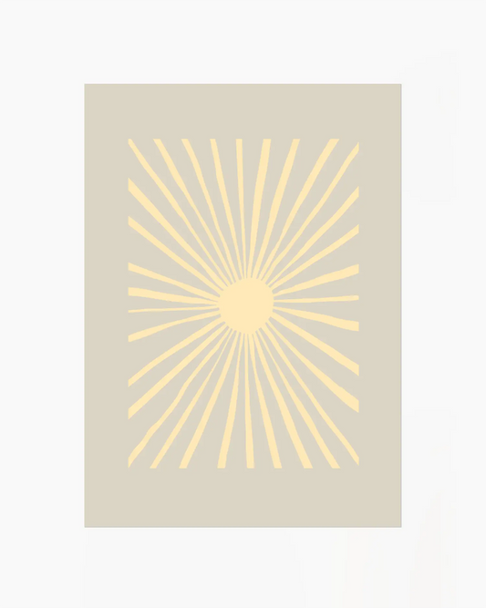 Beige rug with a yellow sunburst pattern on a beige background