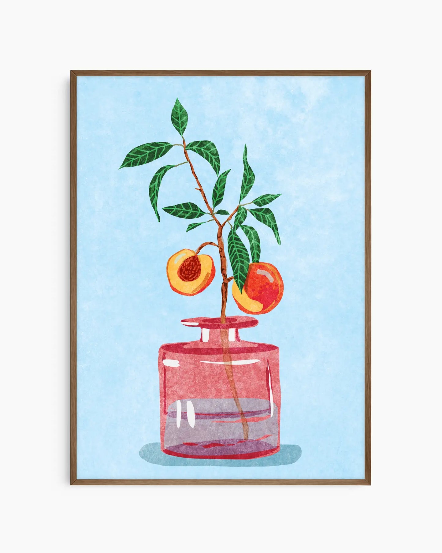 Framed artwork of a red vase with peach branches on a light blue background