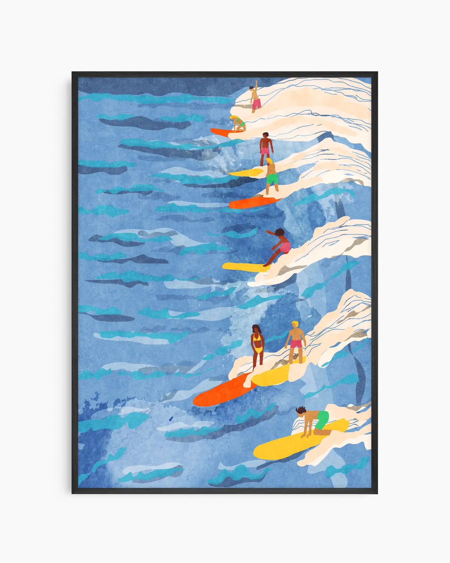 Illustration of people on surfboards in the ocean with a blue wave background