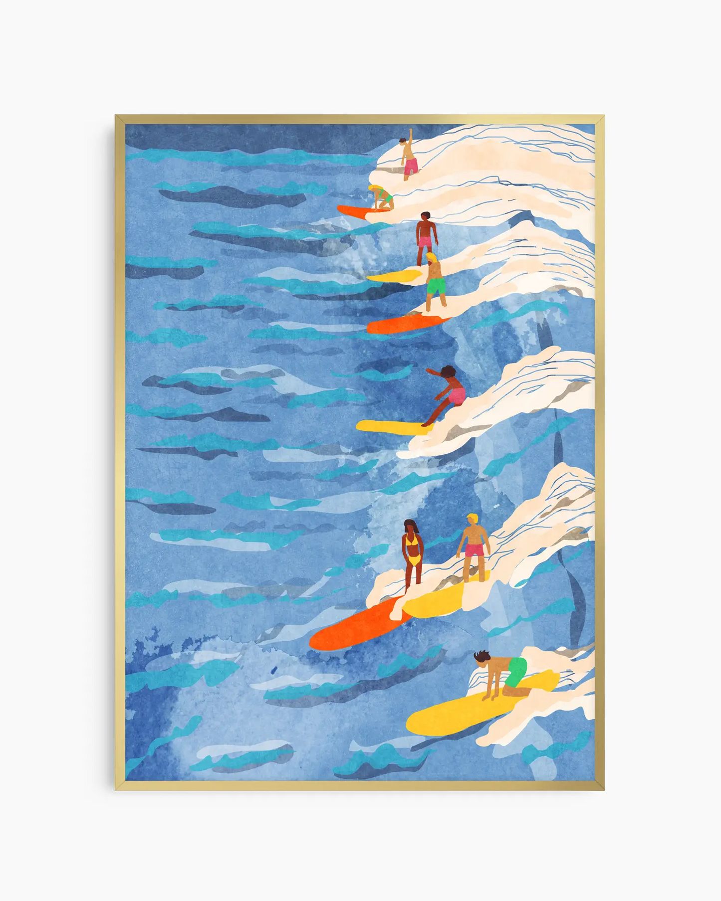 Art print of surfers on colorful boards in a blue ocean with white waves.