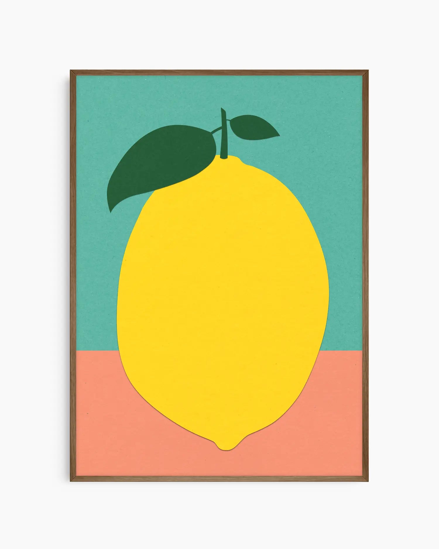 Framed artwork of a yellow lemon on a green and pink background