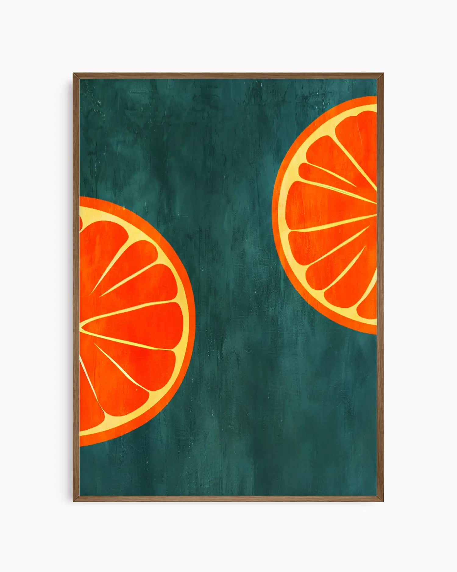 Framed artwork with two orange slices on a teal background