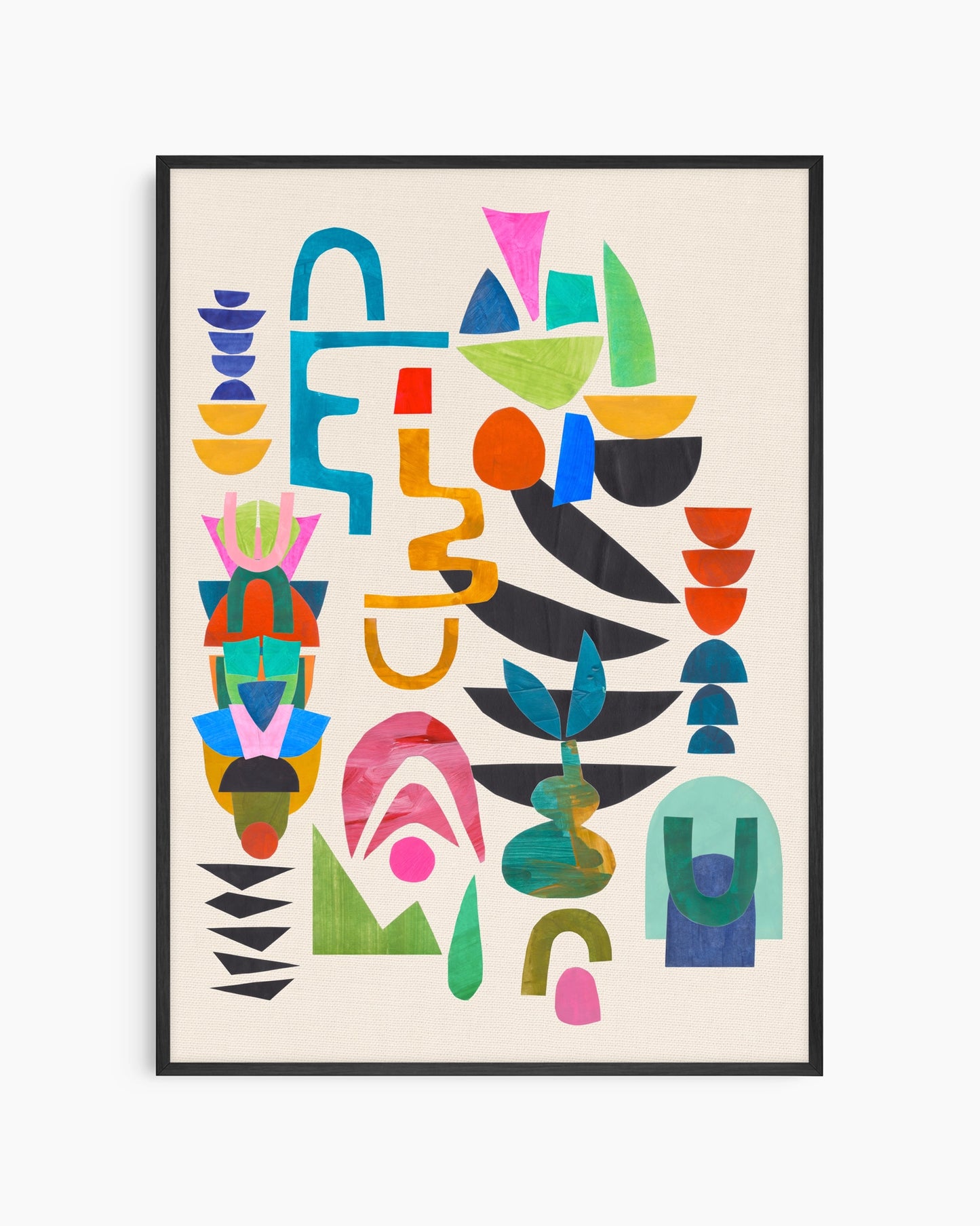 Framed abstract art print with colorful geometric shapes on a beige background