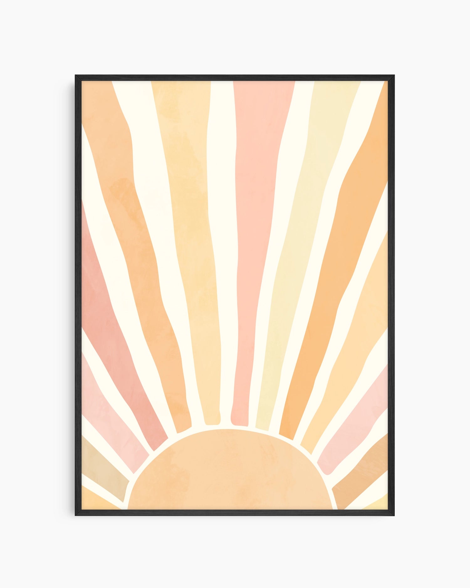 Framed abstract art print with a sunburst design in pastel colors on a white background