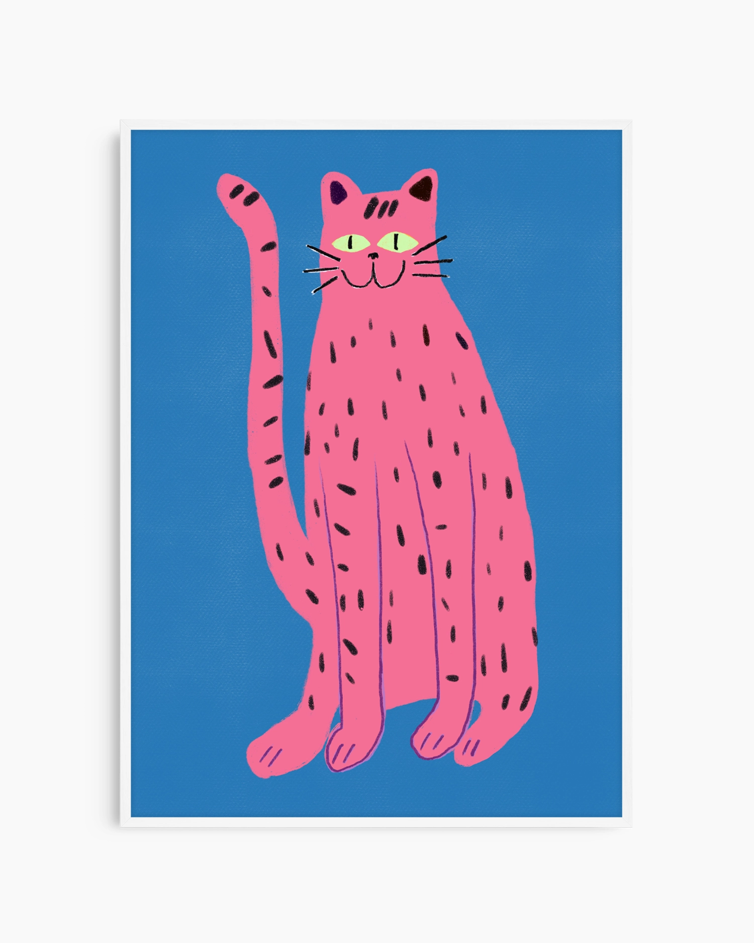 Pink cat illustration on a blue background