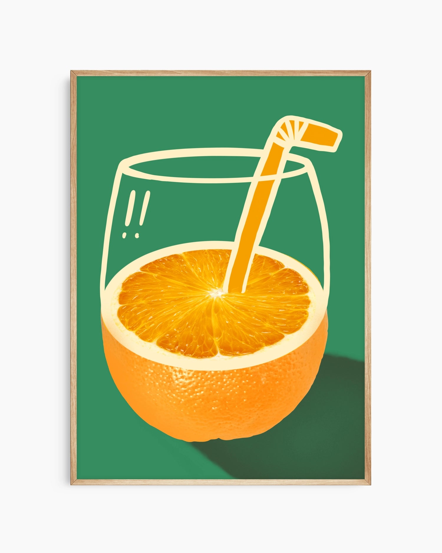 Framed artwork of a glass with an orange slice and straw on a green background