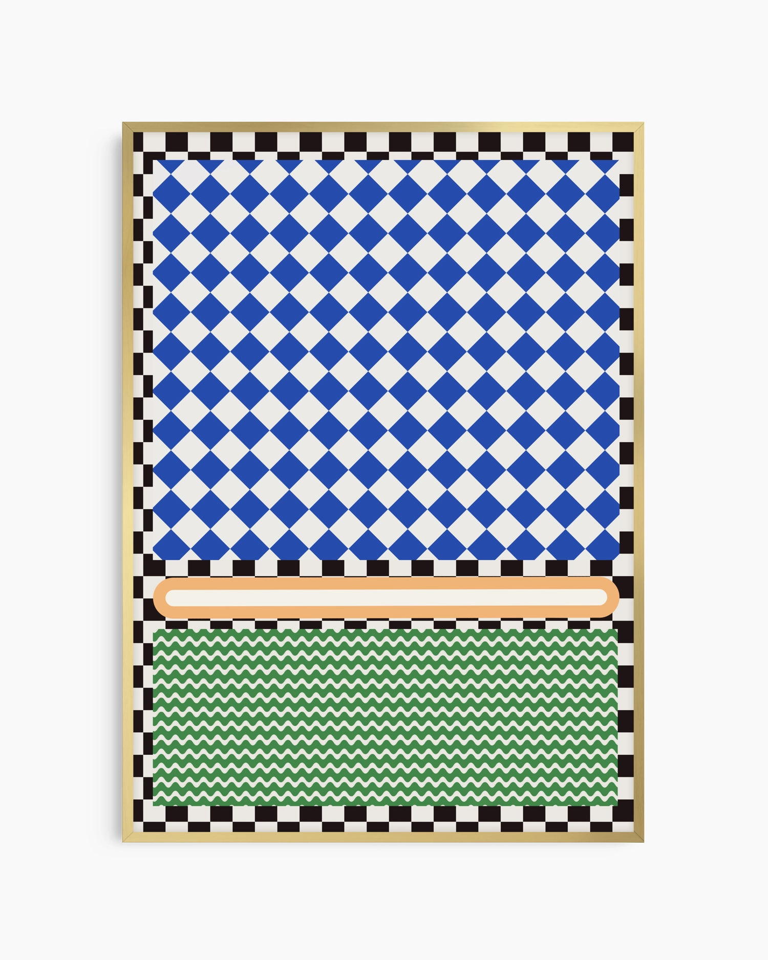 Decorative panel with blue and white checkered pattern, green zigzag pattern, and wooden frame.