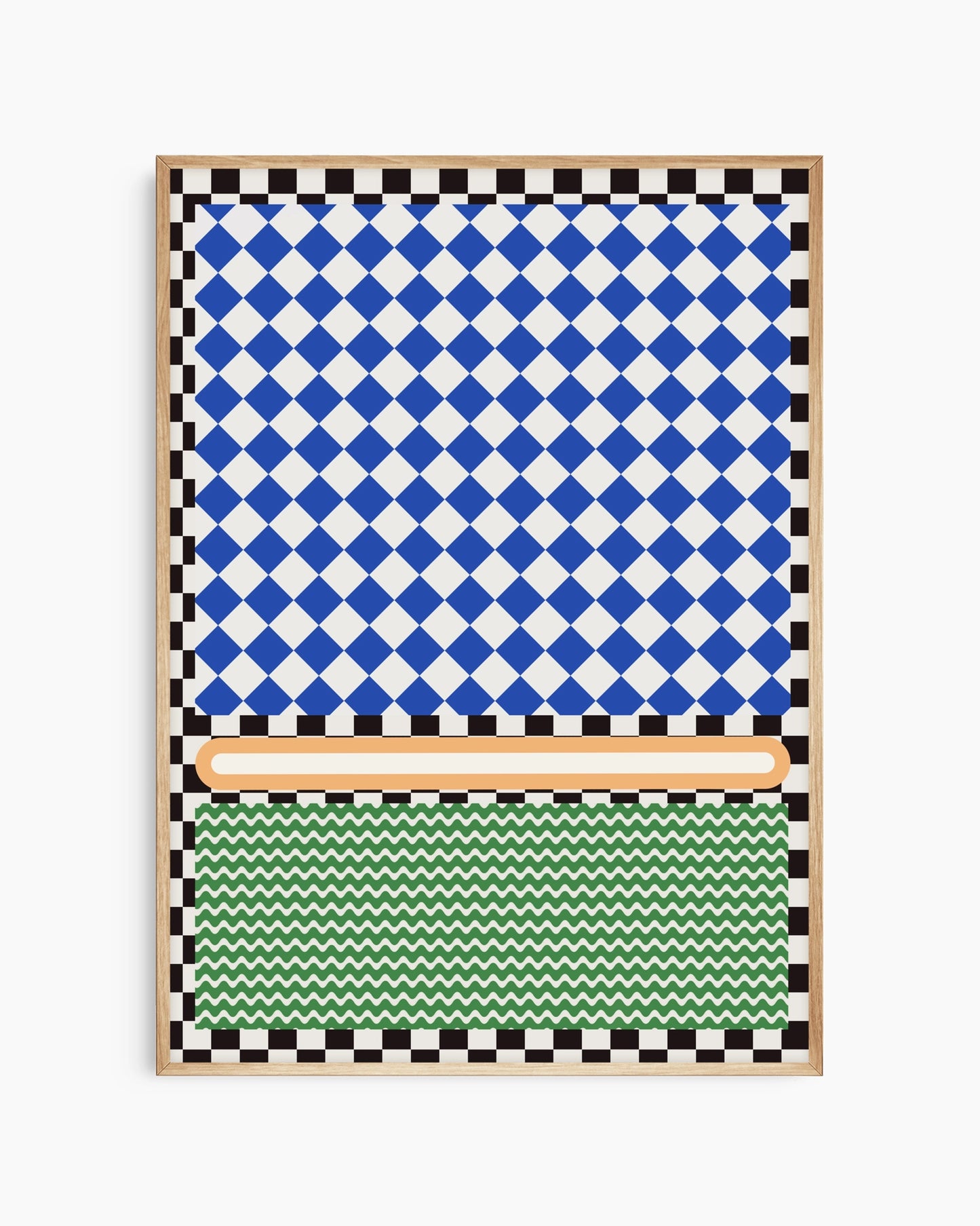 Framed artwork with blue and white checkered pattern at the top, green and white zigzag pattern at the bottom, and a brown rectangular element in the middle.