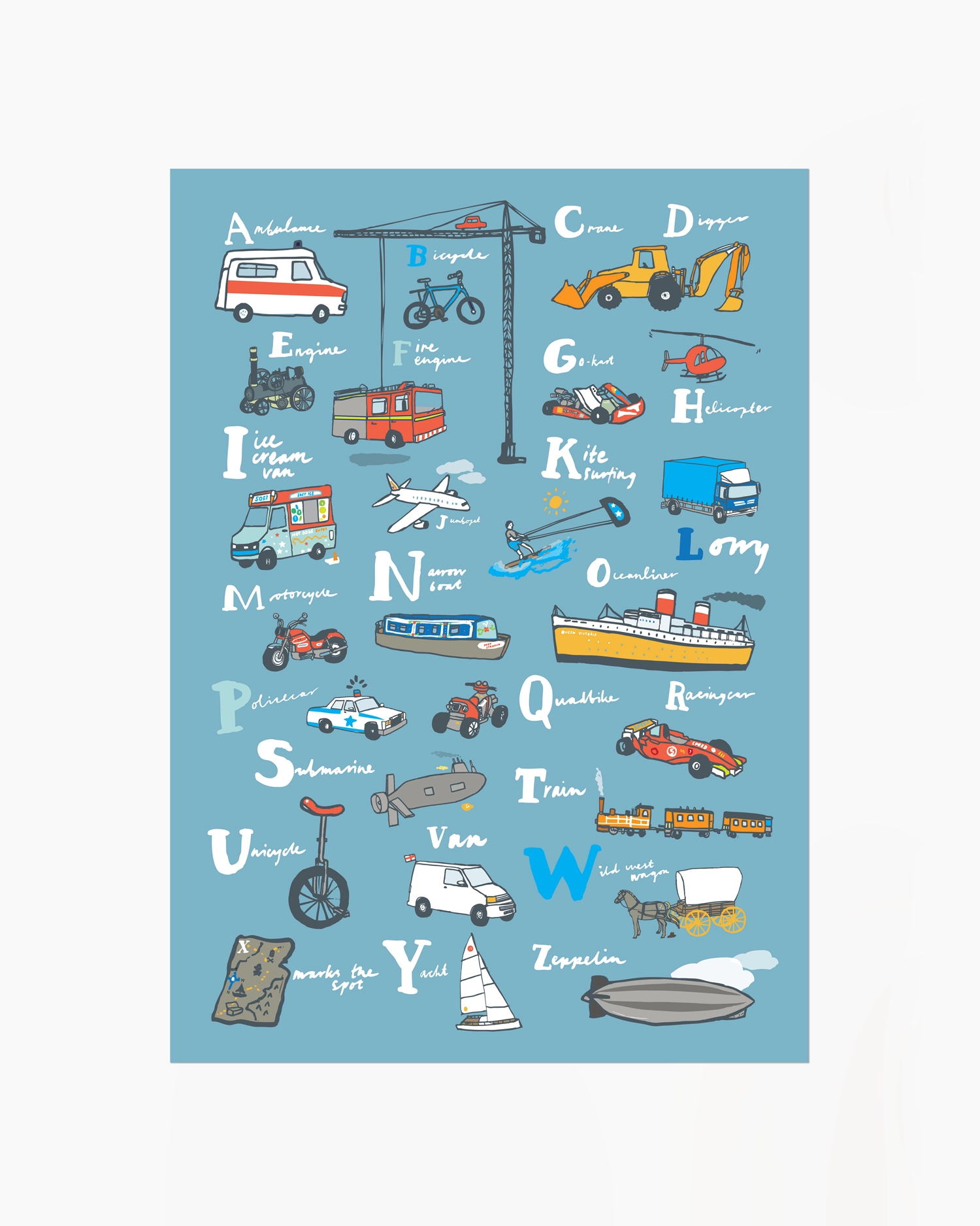Children's alphabet poster with illustrations of vehicles and objects on a blue background