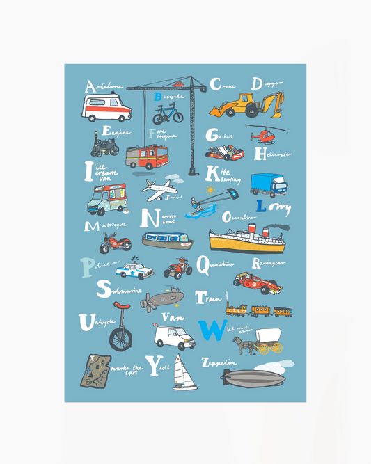 Children's alphabet poster with illustrations of vehicles and objects on a blue background