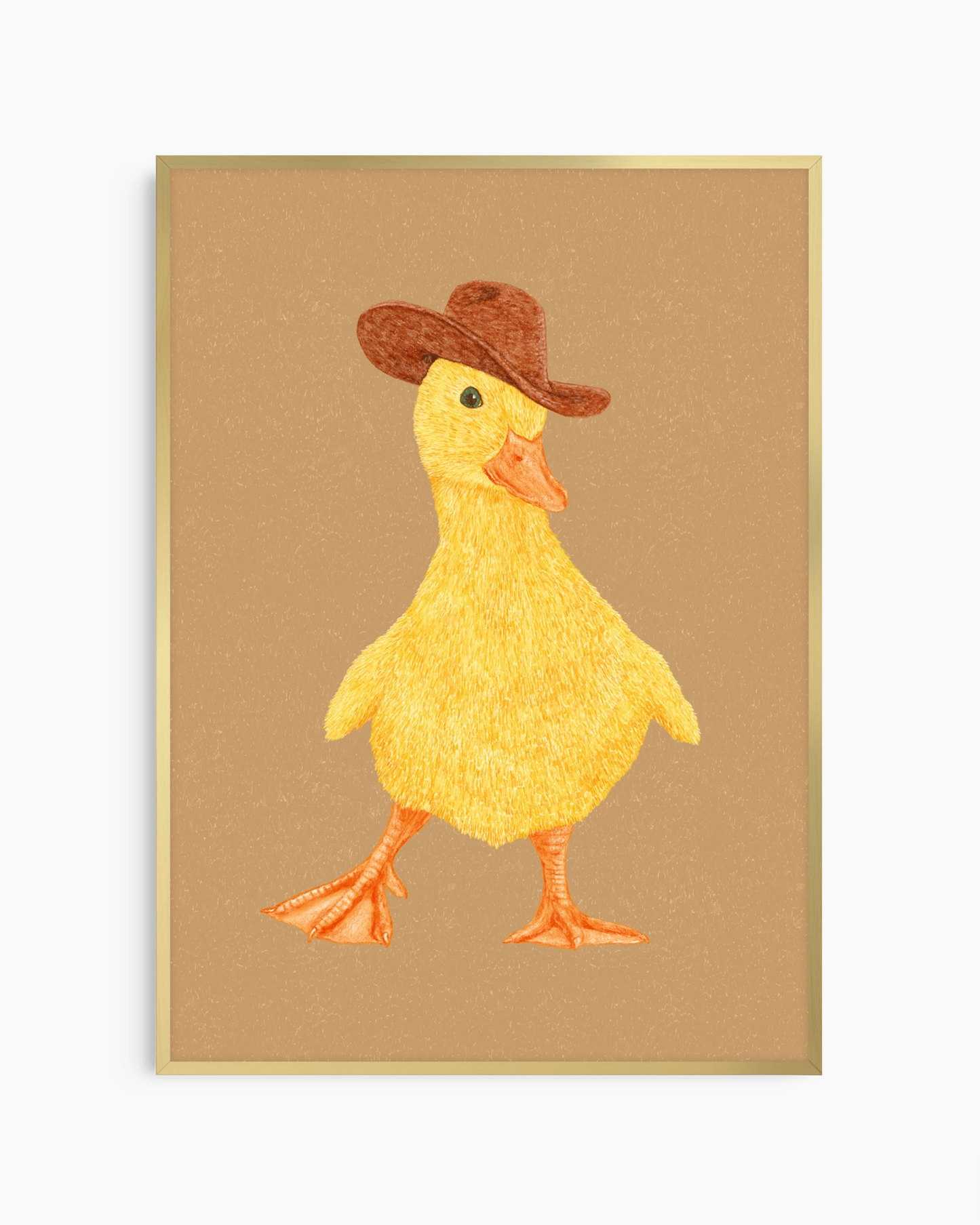 Yellow duck wearing a brown hat on a beige background