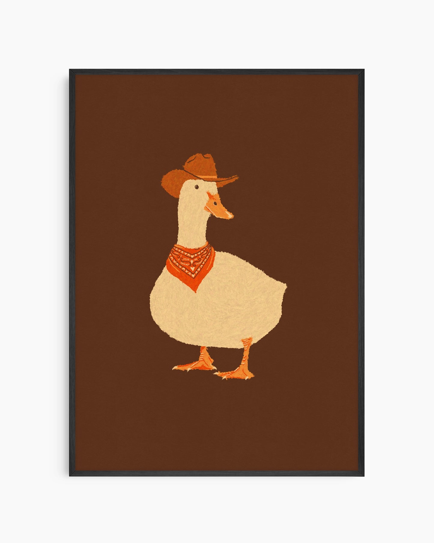 Illustration of a duck wearing a cowboy hat and bandana on a brown background