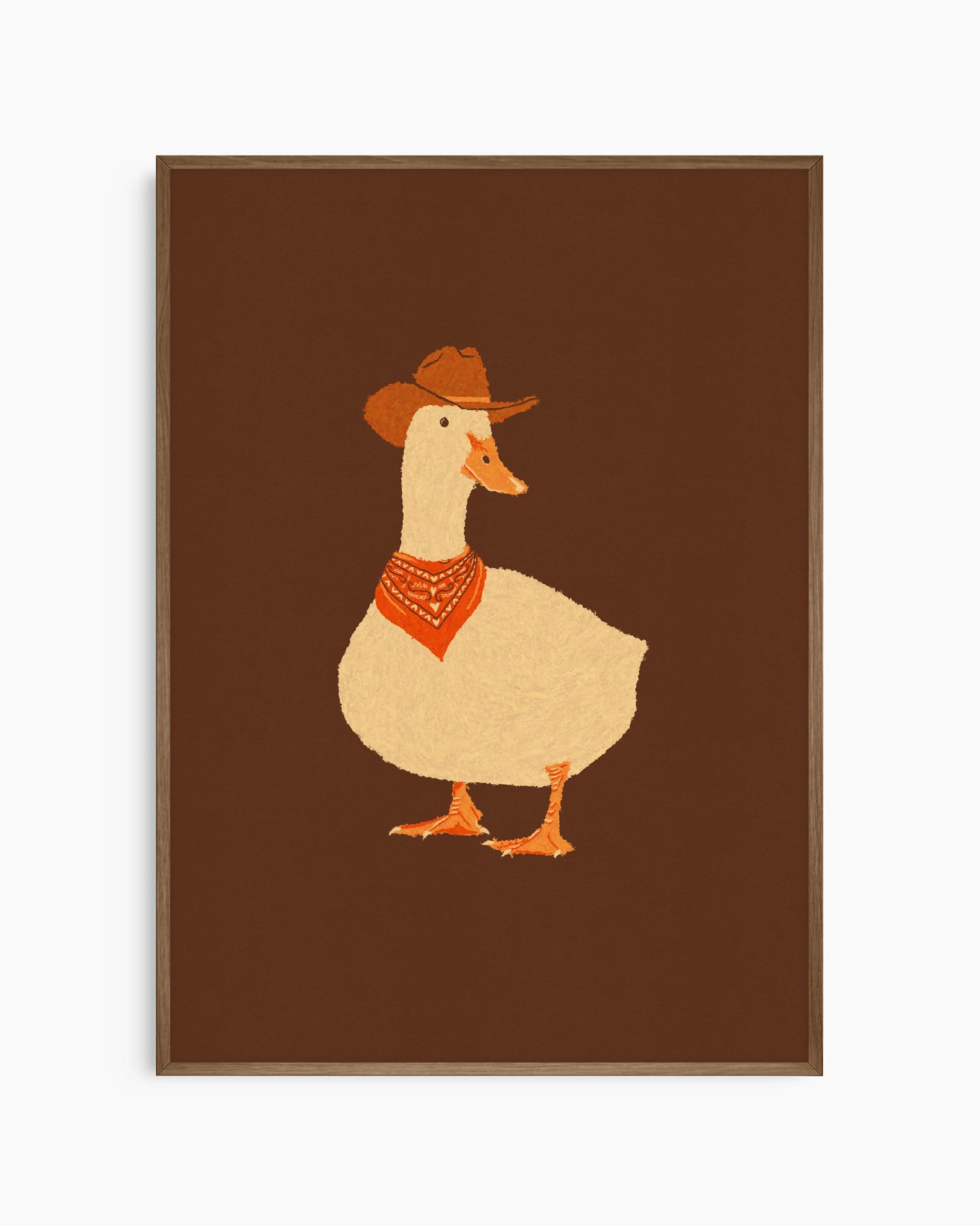 Framed artwork of a duck wearing a cowboy hat and bandana on a brown background