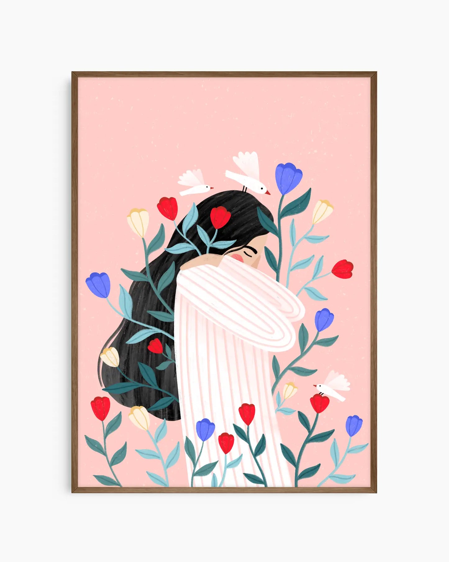 Framed artwork of a stylized figure with flowers on a pink background