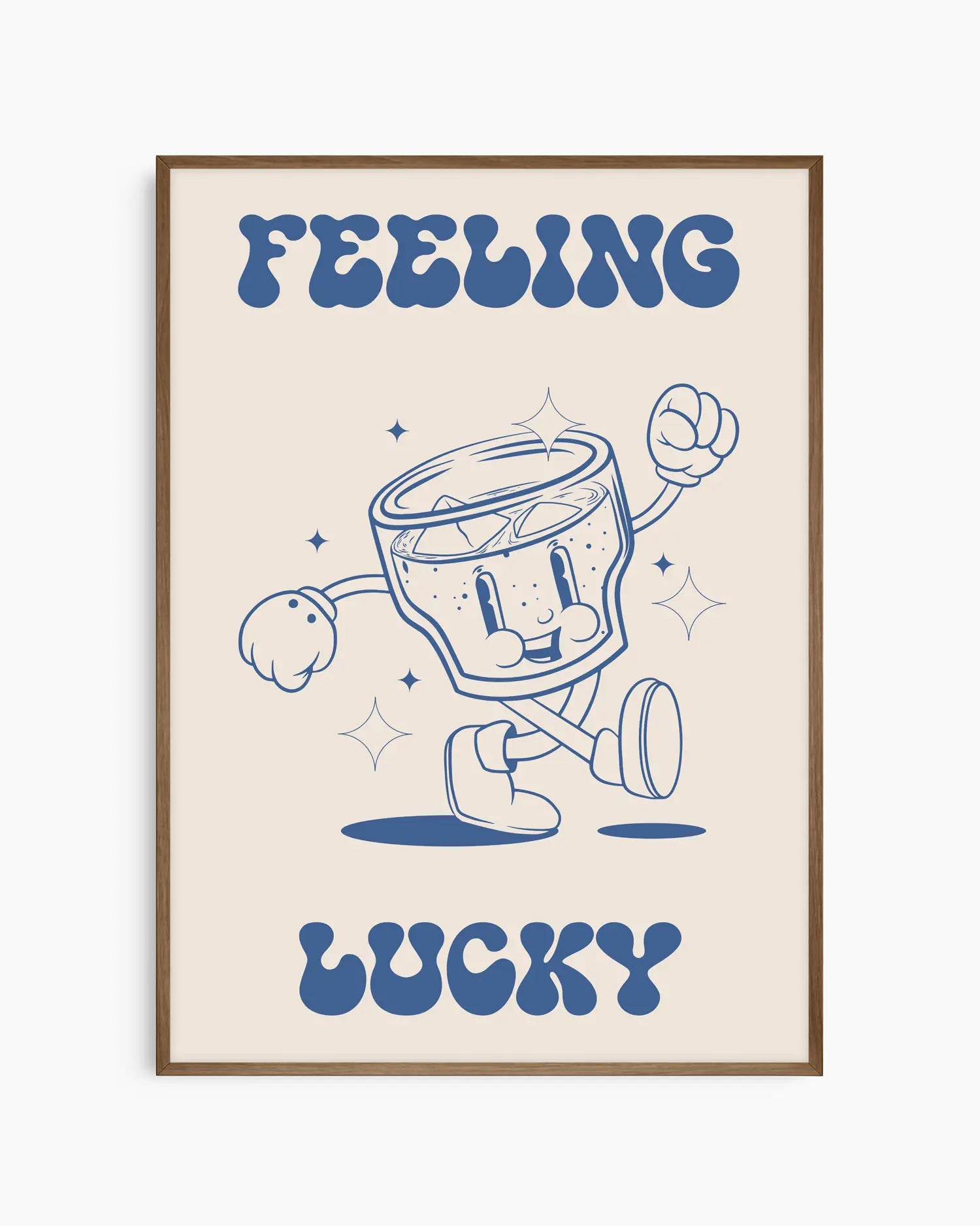 Framed artwork with a cartoon glass character and text 'Feeling Lucky' on a beige background