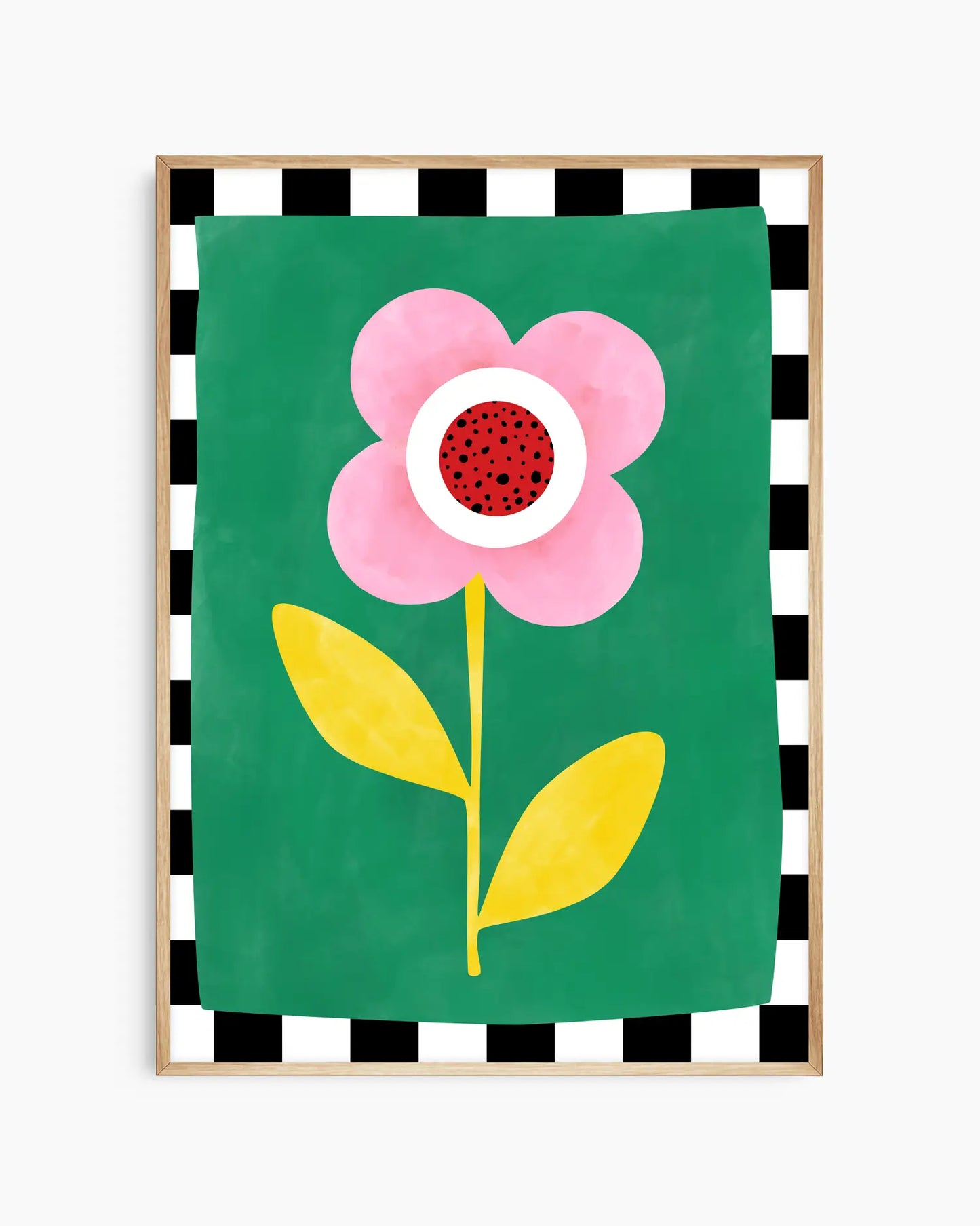 Poster with a pink flower on a green background, framed by a black and white checkered border.