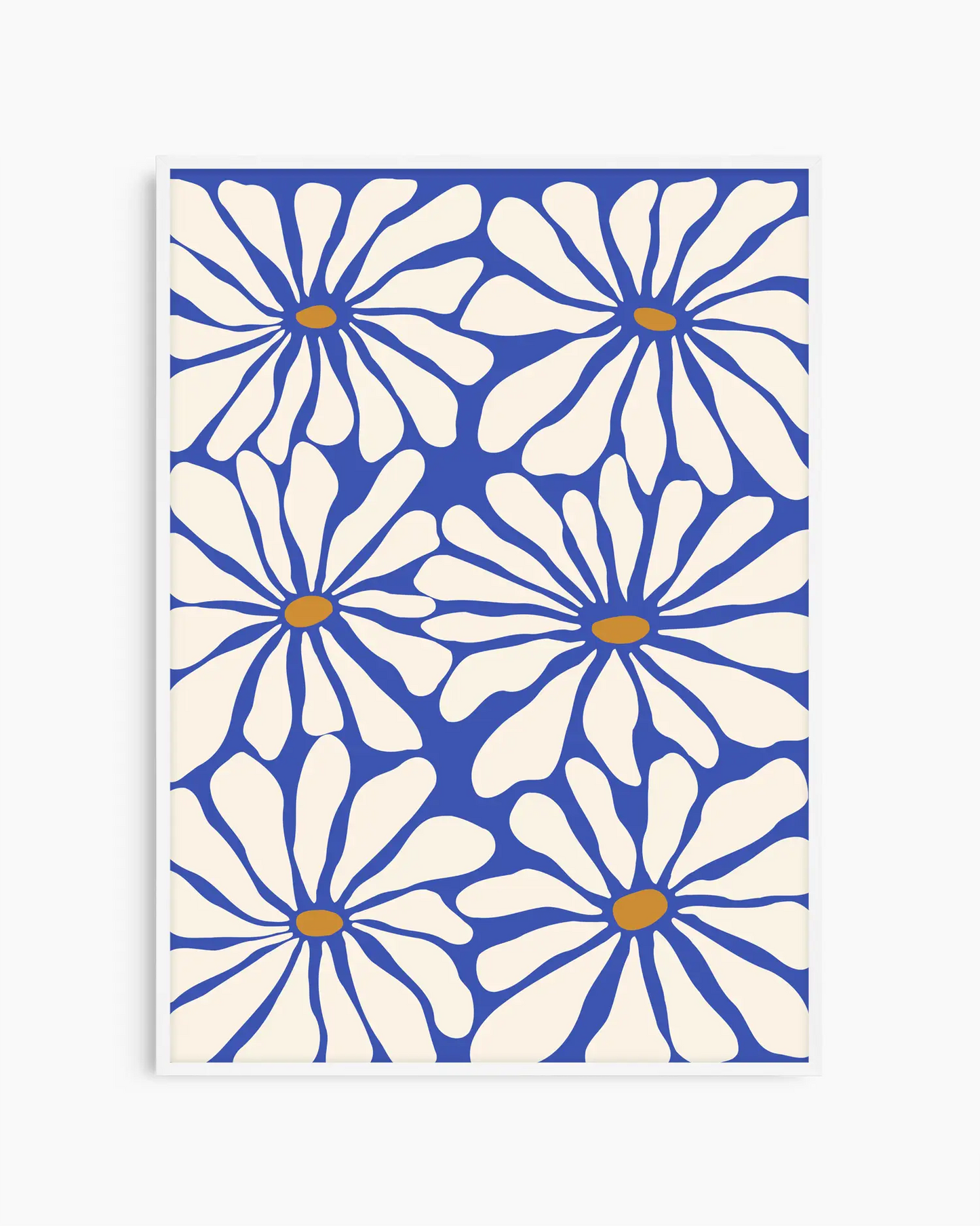 Pattern of white flowers with blue outlines on a white background