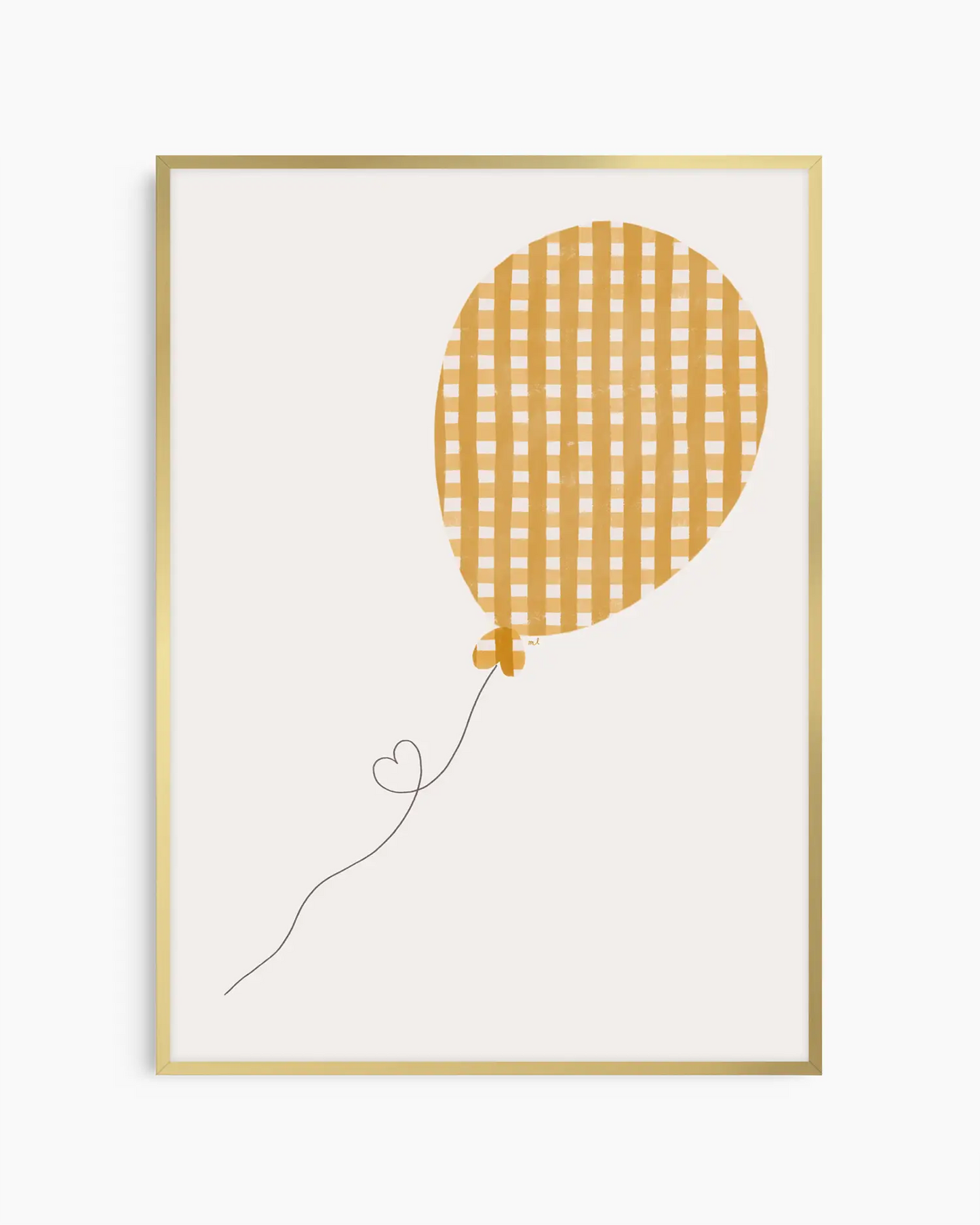 Framed artwork of a yellow checkered balloon on a white background