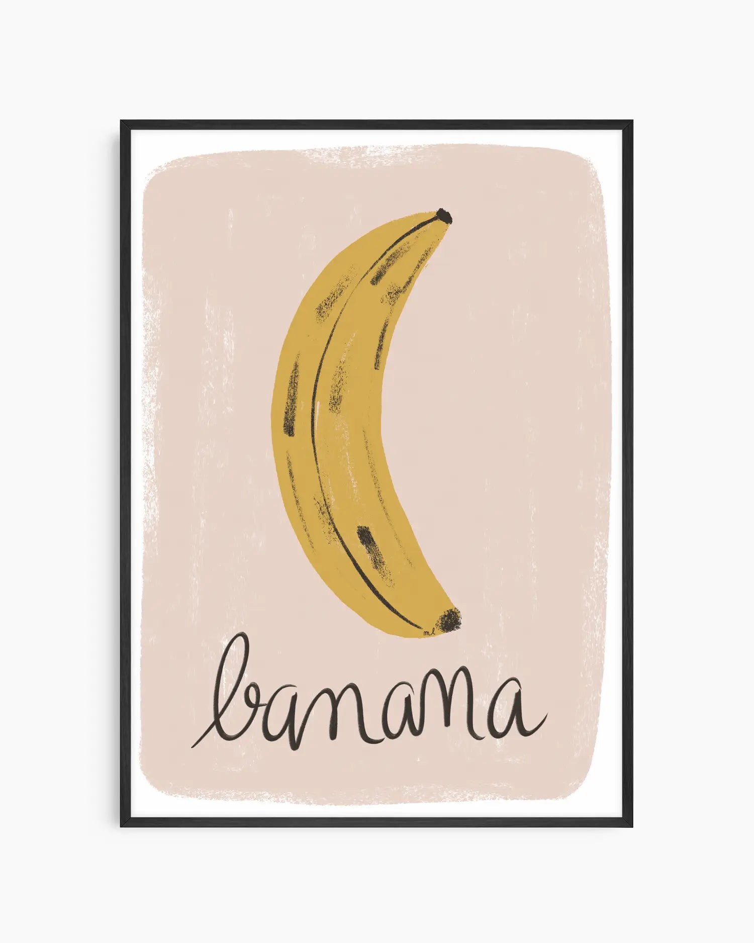 Framed artwork with a banana illustration and the word 'banana' on a beige background
