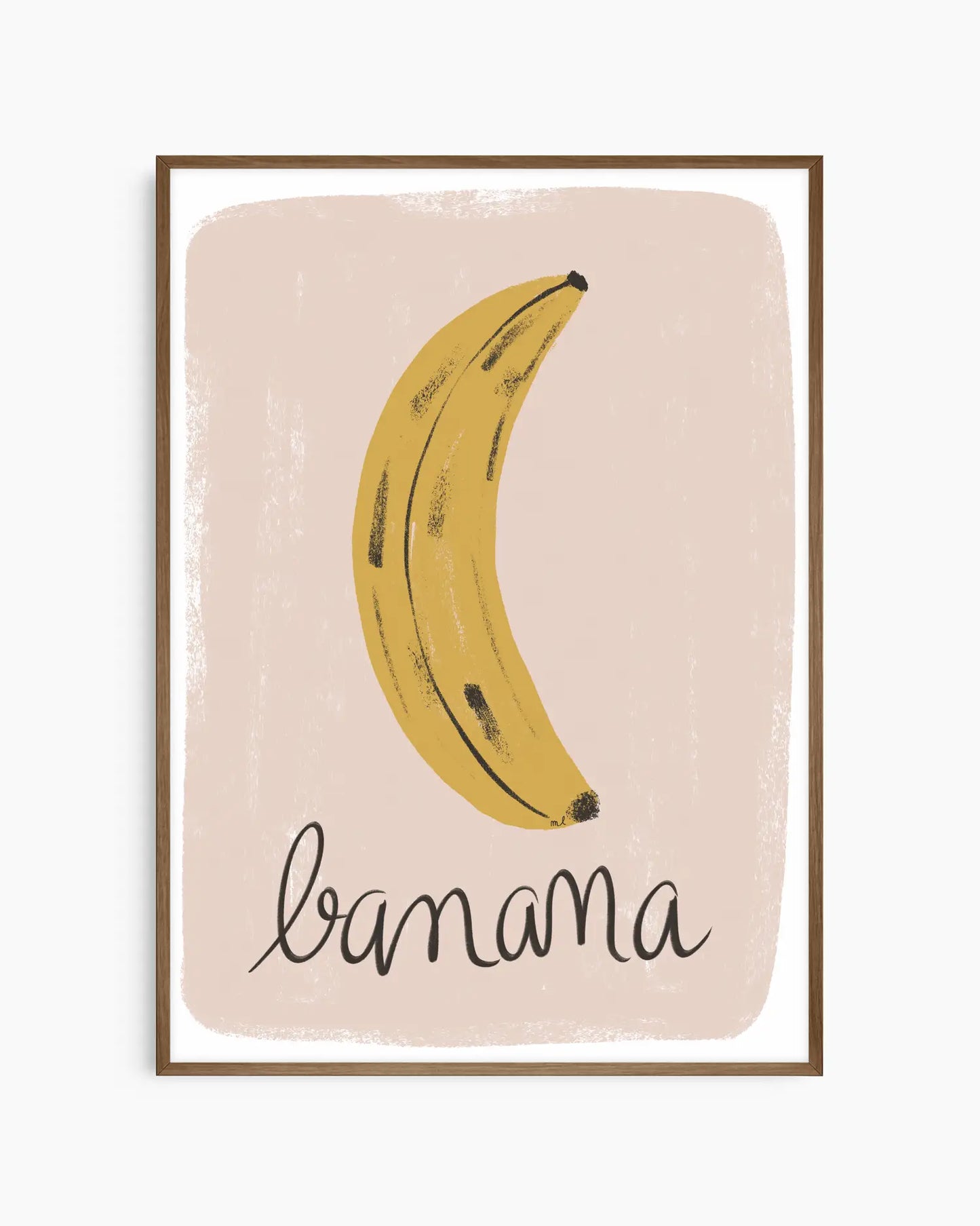 Framed artwork with a banana illustration and the word 'banana' on a beige background