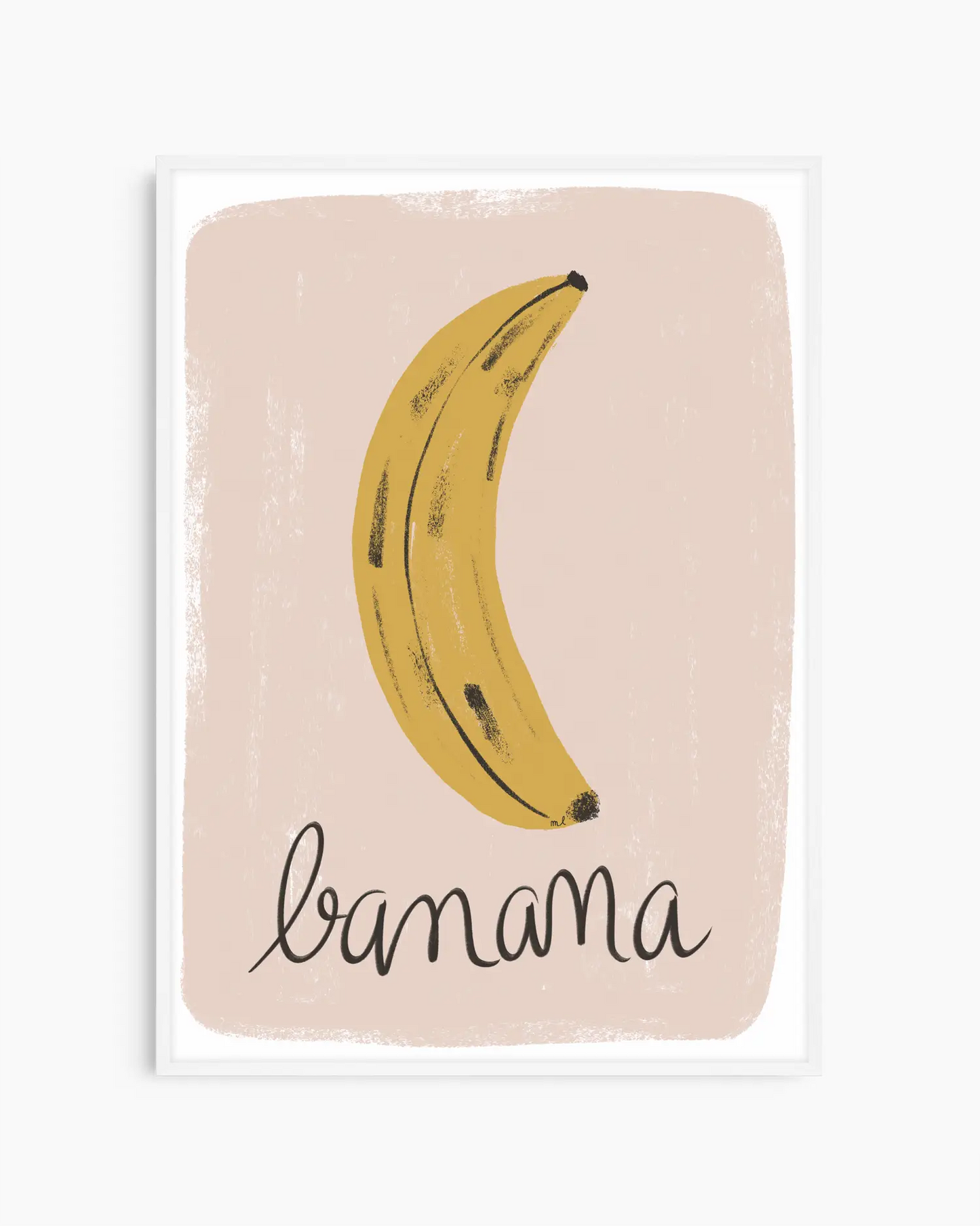 Illustration of a banana with the word 'banana' on a beige background