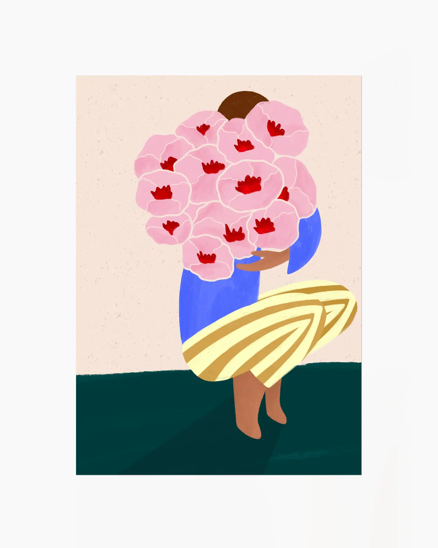 Illustration of a person holding a large bouquet of pink flowers with red centers on a beige background.