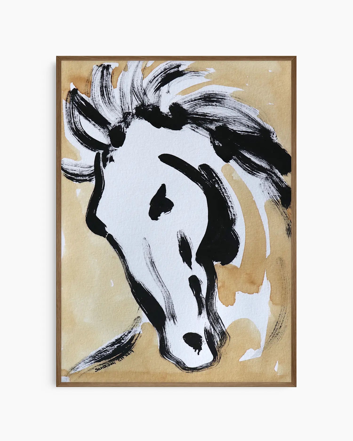 Abstract painting of a horse's head on a beige background