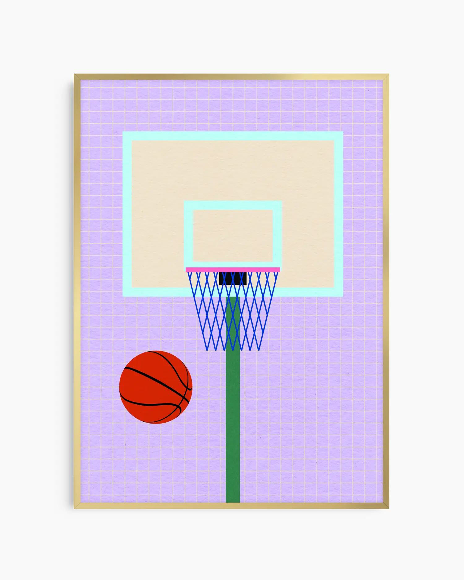 Framed artwork of a basketball hoop and ball on a purple grid background
