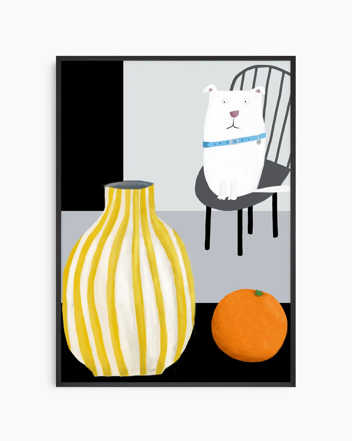 Framed artwork with a white bear, yellow vase, and orange on a gray background